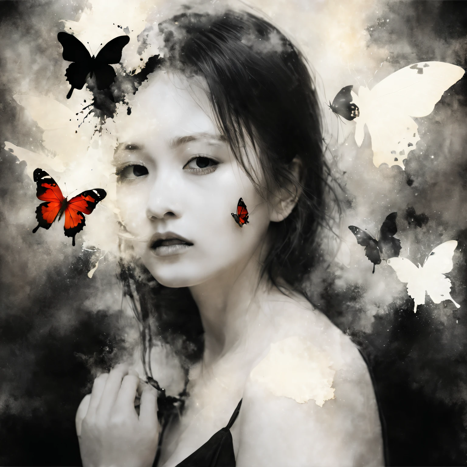 (double exposure:1.5),(Girl and butterfly silhouette effect:1.1),(Double exposure of girl merging with butterflies:1.5),simplebackground,(Alone),( Ink painting and watercolor),drippy,tmasterpiece,Best quality,Superimposed on dark forest sky, Oil and ink on canvas, fine art, super dramatic light, photoillustration, amazing depth, the ultra-detailed, iridescent red, superfluous dreams, intricately details, amazing depth, Amazing atmosphere, Mesmerizing whimsical vibrant landscapes, Maximalism ,(hori&#39;hori&#39;tas&#39;It&#39;s beautiful outside, Ugly inside, pressure and pain, beauty and despair, hard and soft, positive and negative, hot and cold, Sweet and sour, Energetic but boring, Perfect harmony, light and shadows, hot and cold, old and young, Fire and ice, Yin and yang, australian, Black and white, hot and cold, organic and mechanical, Corresponding color, loud and quiet, Chaos and peace, day and night:1.2) ,Black and white,dramatic lights,Ominous atmosphere,enchanting landscape,forest creatures,Mysterious shadows,EtherealBeauty,intense emotions,magic and surrealism,Mystic aura,somber mood,Hauntingly detailed,Whimsical elements,vibrant tones,subtletextures,Impressive depth.