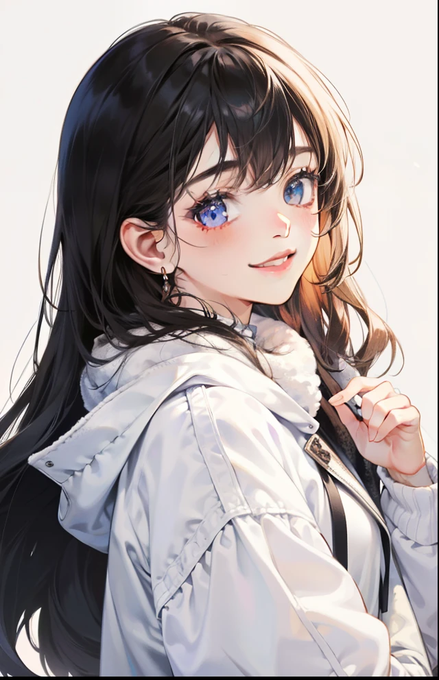 girl with、Background white、without background、A dark-haired、The long-haired、Contrasting bangs、Wearing a white coat、Wearing a white muffler、Winter clothes、with blush cheeks、Smiling、kawaii、without background