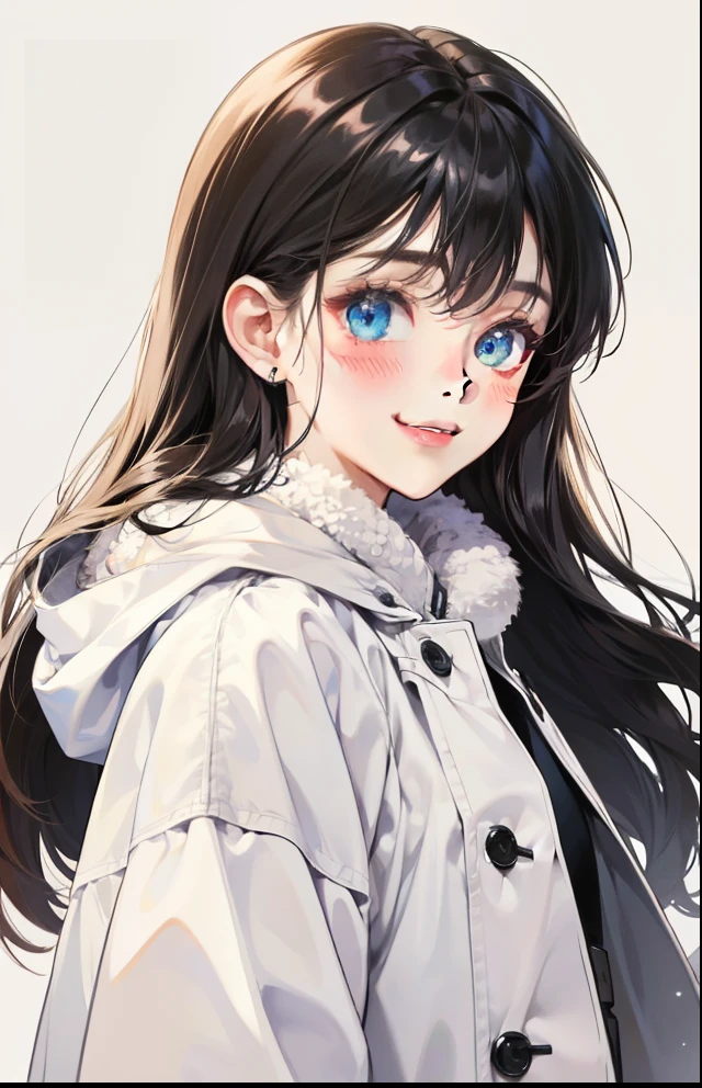 girl with、Background white、without background、A dark-haired、The long-haired、Contrasting bangs、Wearing a white coat、Wearing a white muffler、Winter clothes、with blush cheeks、Smiling、kawaii、without background