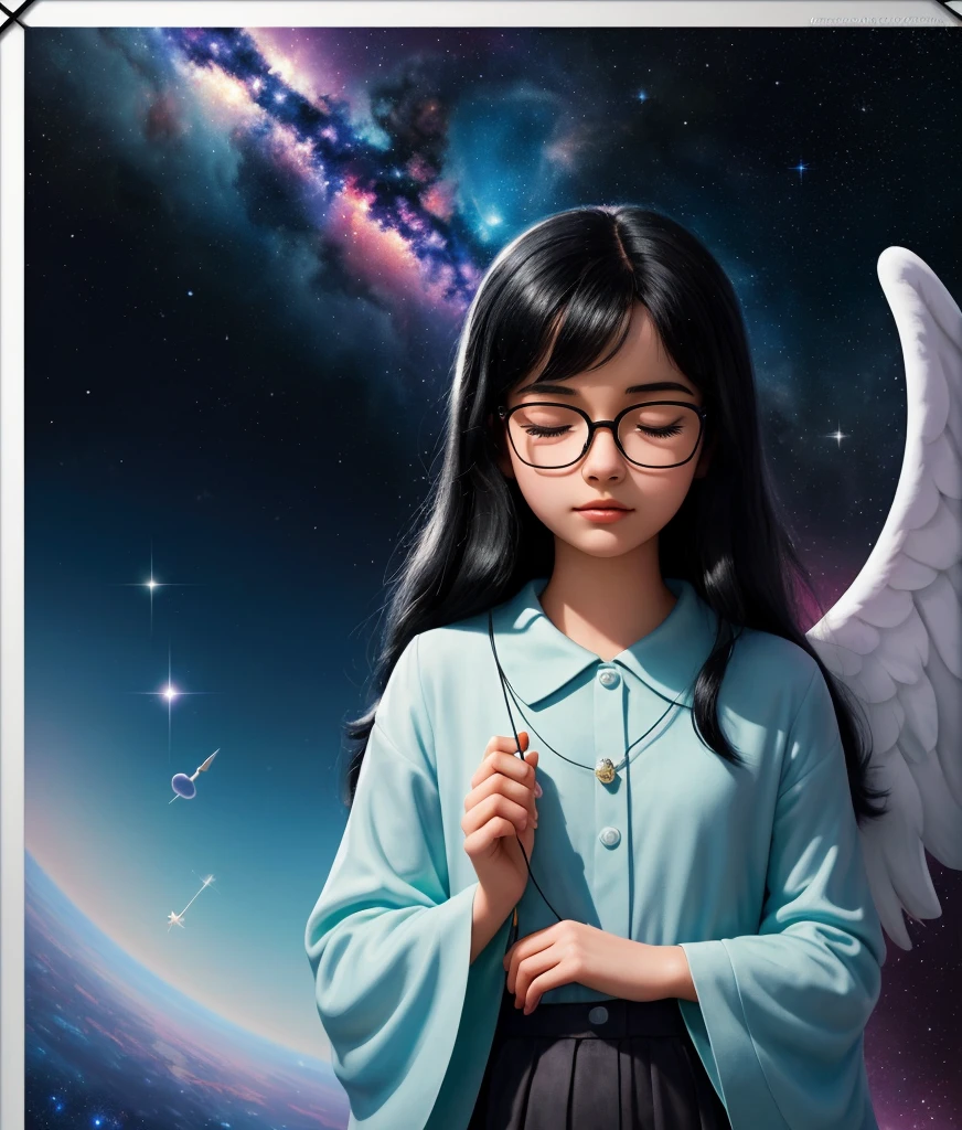 proffesional super good quality Disney Pixar poster with the words "SABRINA" a girl with black hair wearing glasses and neat clothes closing her eyes meditating in peacefully, galactic backgound, colorfull aura, 3D Animation, angels around