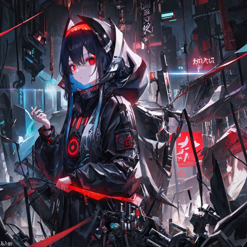 8k HDR best picture quality masterpiece!This digital painting shows a young girl standing alone,She has long hair,With black hood,Decorate with hair accessories。Her unique red eyes have round pupils,without any emotion。The entire scene is set against a dark background,under a neon,cyber punk personage、Sci-fi and surreal atmosphere。mechanicalparts、Wires and cables tangled together,Create a glitch effect,Create a creepy horror atmosphere。This is truly a stunning and creepy piece of 2D art。