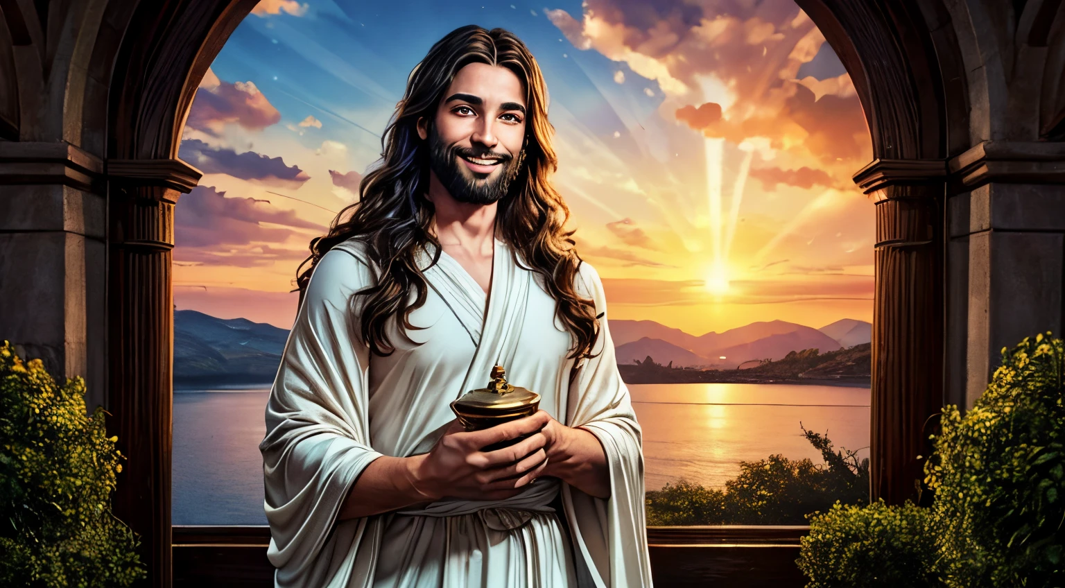 Crie uma imagem inspirada de Jesus Cristo, um homem de 33 anos, with a shy smile on her gentle face. Seus olhos devem refletir um tom suave de azul, e seu longo, cabelo preto deve fluir graciosamente. vestido com um manto branco, destaca detalhes ricamente ornamentados em ouro, vermelho e azul, providing a sense of divinity. The image composition must be half the length, focando em Jesus no centro da cena. The desired aspect ratio is 16:9, with a resolution of 1920 by 1080 pixels. In the background, create a celestial landscape including soft clouds painted by the sunset, with celestial light radiating from the sky, emphasizing the divine presence. Capture the essence of serenity and compassion in the face of Jesus, conveying a sense of love and peace. Of course, the details of the clothing and landscape complement this sacred atmosphere.. We appreciate your artistic skill and eagerly await the final result of this inspiring representation.