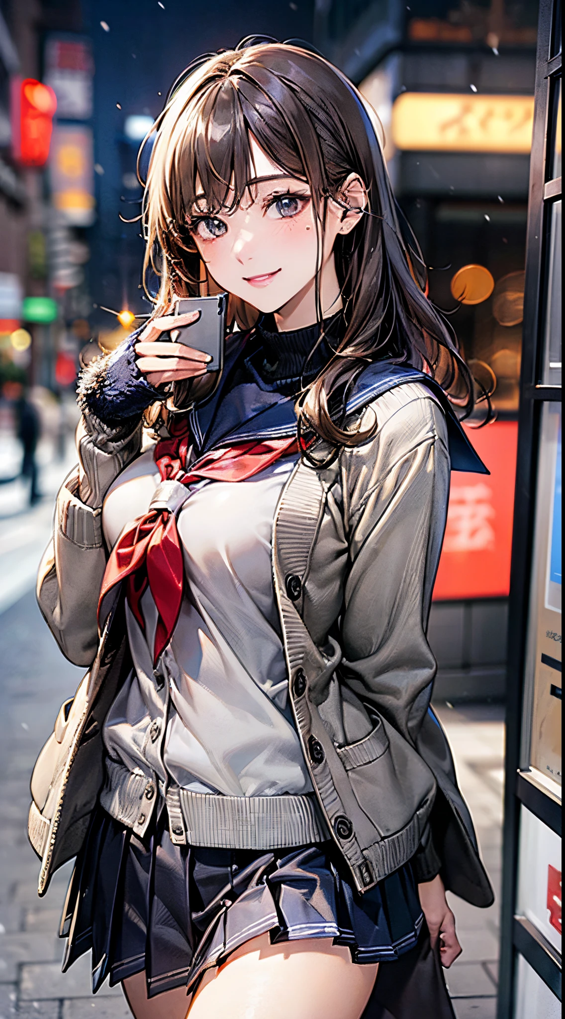((((, , perfect anatomy, super detailed skin)))), 1 girl, japanese, 14 years old, shiny skin, large breasts:0.5, watching the view, (smile:1.5),
beautiful hair, beautiful face, beautiful detailed eyes, (middle hair:1.7, straight hair:1.4),
beautiful clavicle, beautiful body, beautiful chest, beautiful thigh, beautiful legs, babyface, , , mole under eye,
((navy school uniform, long sleeves, navy pleated skirt, sailor collar, light brown cardigan, ((gray medium coat, muffler, mitten)), extremely sexy, seductive thighs)), white panties,
(beautiful scenery), winter, evening, hokkaido, sapporo, outdoors, snow, snowfall:1.5, walking, holding a phone,
(8k, top-quality, masterpiece:1.2, extremely detailed, , ), (photorealistic), beautiful illustration, cinematic lighting,
