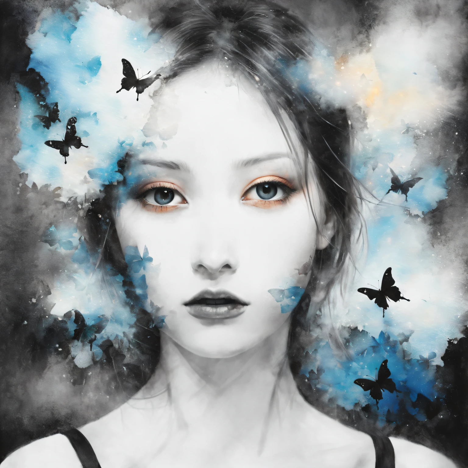 (double exposure:1.5),(Girl and butterfly silhouette effect:1.1),(Double exposure of girl merging with butterflies:1.5),simplebackground,(Alone),( Ink painting and watercolor),drippy,tmasterpiece,Best quality,Superimposed on dark forest sky, Oil and ink on canvas, fine art, super dramatic light, photoillustration, amazing depth, the ultra-detailed, iridescent red, superfluous dreams, intricately details, amazing depth, Amazing atmosphere, Mesmerizing whimsical vibrant landscapes, Maximalism ,(hori&#39;hori&#39;tas&#39;It&#39;s beautiful outside, Ugly inside, pressure and pain, beauty and despair, hard and soft, positive and negative, hot and cold, Sweet and sour, Energetic but boring, Perfect harmony, light and shadows, hot and cold, old and young, Fire and ice, Yin and yang, australian, Black and white, hot and cold, organic and mechanical, Corresponding color, loud and quiet, Chaos and peace, day and night:1.2) ,Black and white,dramatic lights,Ominous atmosphere,enchanting landscape,forest creatures,Mysterious shadows,EtherealBeauty,intense emotions,magic and surrealism,Mystic aura,somber mood,Hauntingly detailed,Whimsical elements,vibrant tones,subtletextures,Impressive depth.