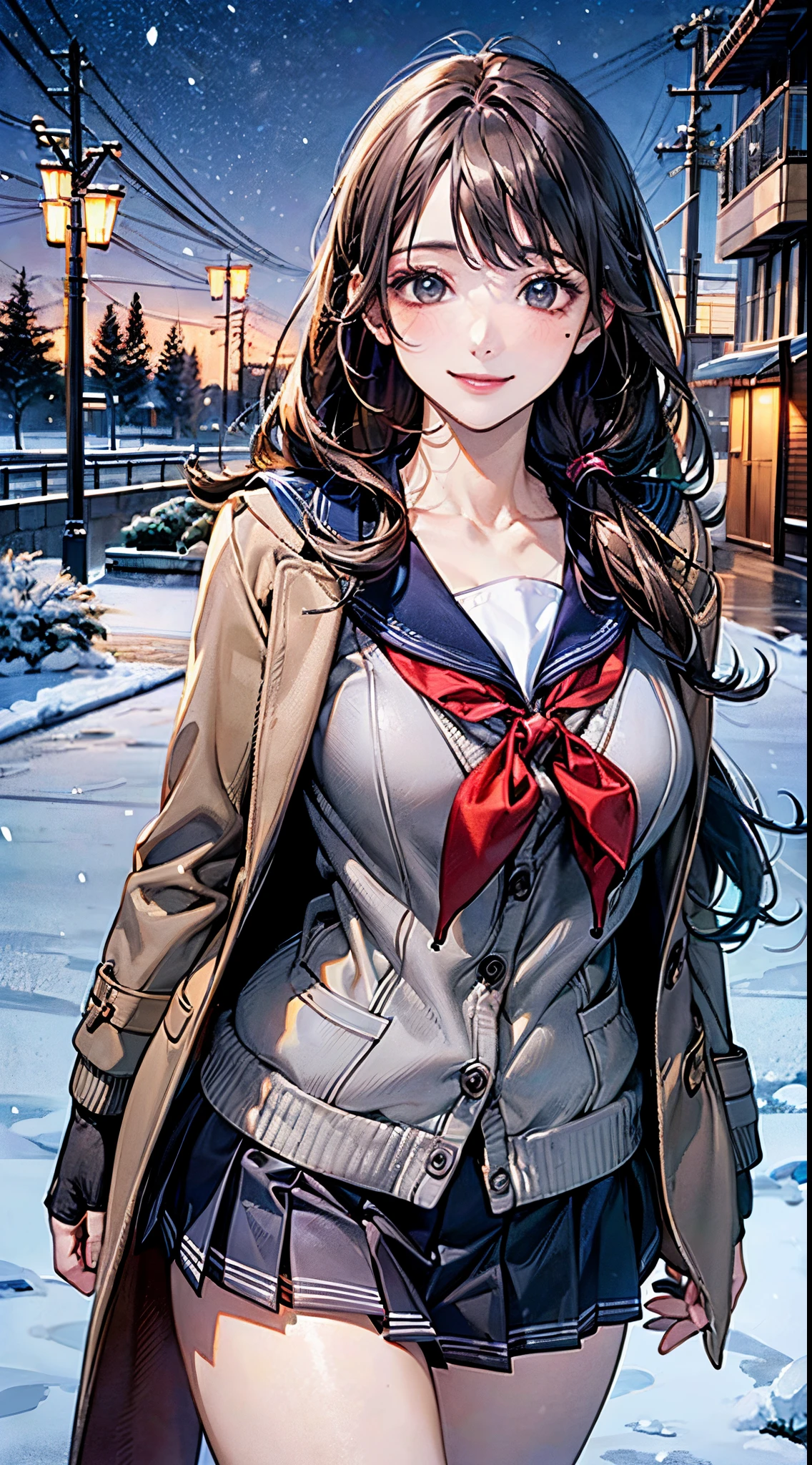 ((((, , perfect anatomy, super detailed skin)))), 1 girl, japanese, , shiny skin, large breasts:0.5, watching the view, (smile:1.5),
beautiful hair, beautiful face, beautiful detailed eyes, (middle hair:1.7, straight hair:1.4),
beautiful clavicle, beautiful body, beautiful chest, beautiful thigh, beautiful legs, babyface, , le under eye,
((navy school uniform, long sleeves, navy pleated skirt, sailor collar, light brown cardigan, ((gray medium coat, muffler, mitten)), extremely sexy, seductive thighs)), white panties,
(beautiful scenery), winter, evening, hokkaido, sapporo, outdoors, snow, snowfall:1.5, walking, holding a phone,
(8k, top-quality, masterpiece:1.2, extremely detailed, , ), (photorealistic), beautiful illustration, cinematic lighting,