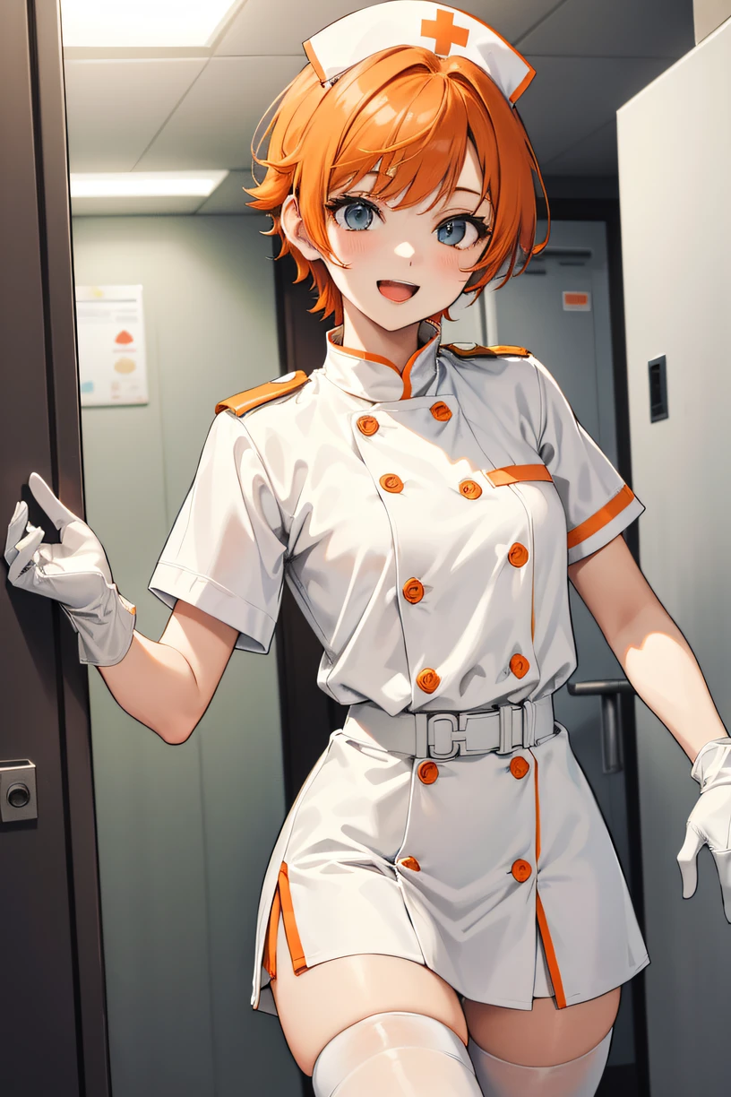1 boy, alone, male focus, nurse, nurse cap, white clothes, ((white legwear, zettai ryouiki)), white gloves, short hair, orange hair, smile, open your mouth, Are standing, ((hospital room)), sharp outline, short sleeve, Shota, 12 years old, highest quality, masterpiece