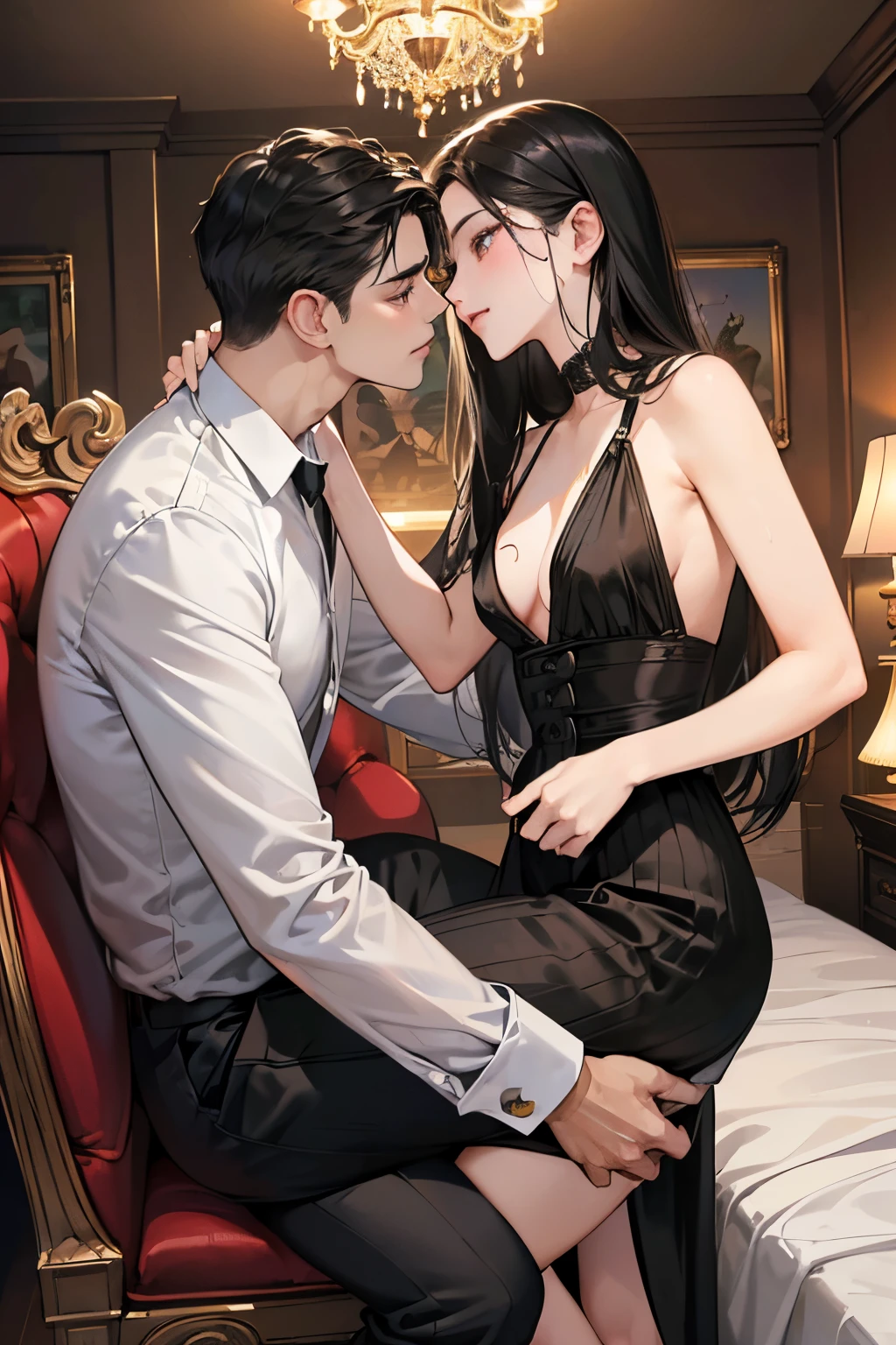 (masutepiece, Digital Art, Digital Illustration, 4K, 8K, Ultra-detailed, beautiful image, Sharp Image, Photorealistic, Raw photo, Perfect face, Perfect lines, Perfect eyes, Soft lighting) 1 woman, (Long Black Hair,straight haired,Bullish gaze,Beautie,Woman in suit,Solid makeup,23 y-o woman,small tits:1.3),Secretary, Two handsome men in suits, (ember,Men in suits,well-muscled,Firm shoulder width,Adult male,Boyish hairstyle,English gentlemanly style,Man in his 30s with a cool expression,28-year-old man with bright smile:1.2),Office scene at night,Antique furnishings,Antique Clamps,Antique chair,chandeliers,Parti、a couple、couple kissing、kiss、the kiss、Romance、loves it、kiss、a couple、couple kissing、Romance、Romance、ssex、have sex、Wet pubic area、insert 、Rape、Overflowing、A slight smil、Florist full of light,wretched、Black Knee High Socks、独奏,Full body painting,(One Girl And One Man,Having sex:1.5),(ember,Adult male,Rubbing the girl's boobs:1.2),Cheek dyeing、gasping face、embarrassed、boredom、begging、Unhappy、Greedy expression,Wet pubic area、 xen、
