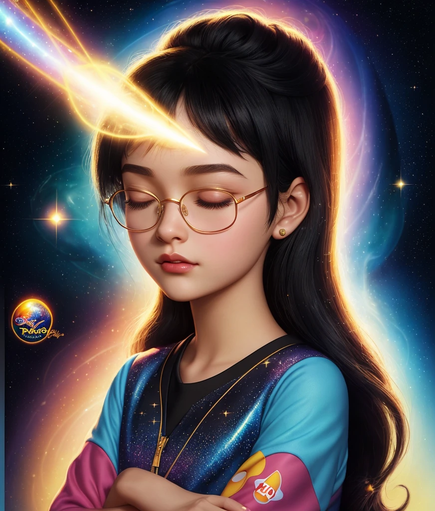 proffesional super good quality Disney Pixar poster with the words "SABRINA" a girl with black hair wearing glasses and neat clothes closing her eyes meditating in peacefully, galactic backgound, colorfull aura, 3D Animation, golden sparkling light