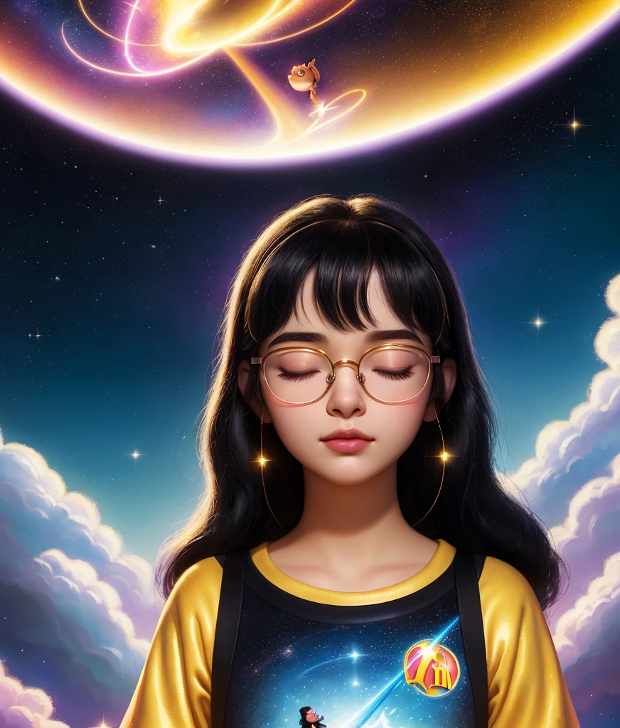 proffesional super good quality Disney Pixar poster with the words "SABRINA" a girl with black hair wearing glasses and neat clothes closing her eyes meditating in peacefully, galactic backgound, colorfull aura, 3D Animation, golden sparkling light