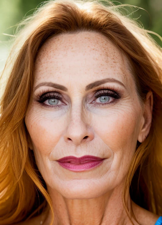 un impresionante, intrincado retrato a todo color de una mujer, pelirrojo, pecoso, Milf, 60 years old, german, con un bikini rojo apretado, epic character composition, foco nítido, natural lighting, Subsurface dispersion, F2, 35mm, Film grain