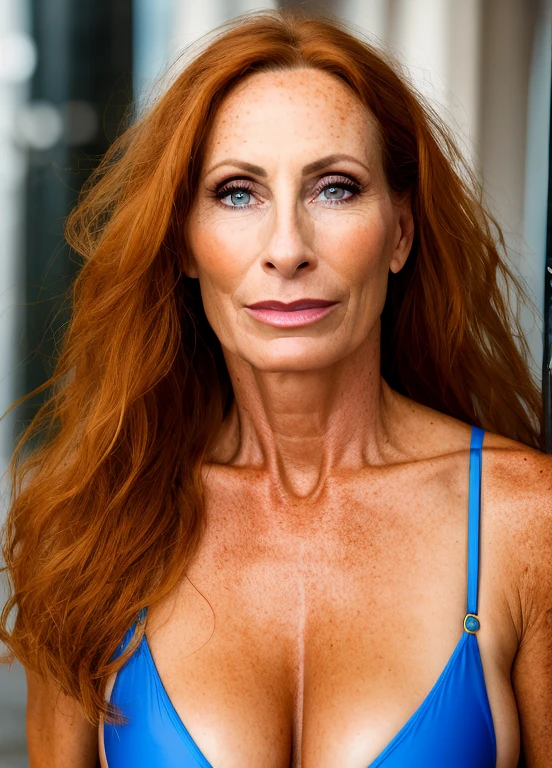 un impresionante, intrincado retrato a todo color de una mujer, pelirrojo, pecoso, Milf, 60 years old, german, con un bikini rojo apretado, epic character composition, foco nítido, natural lighting, Subsurface dispersion, F2, 35mm, Film grain