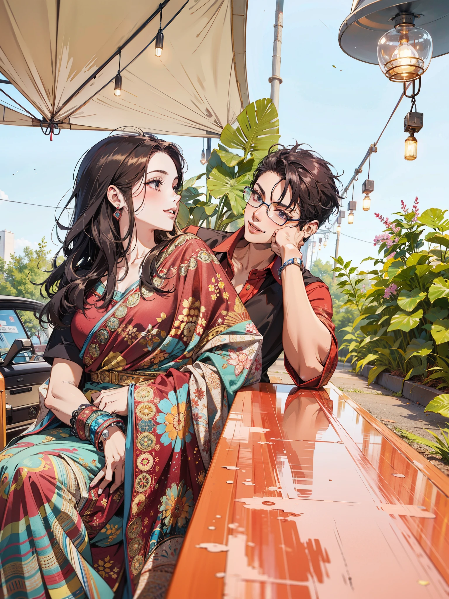 (masterpiece),(best quality:1.0), (ultra highres:1.0), detailed illustration, 8k, anime couple, , girl on left, beautiful girl, maroon saree, intricate details, black eyes, detailed eyes, black hair, detailed hair detailed, highlights on hair, smile, boy on right, glasses, handsome masculine young boy, maroon shirt, stylish hair, anime style, best quality, detailed, both smiling