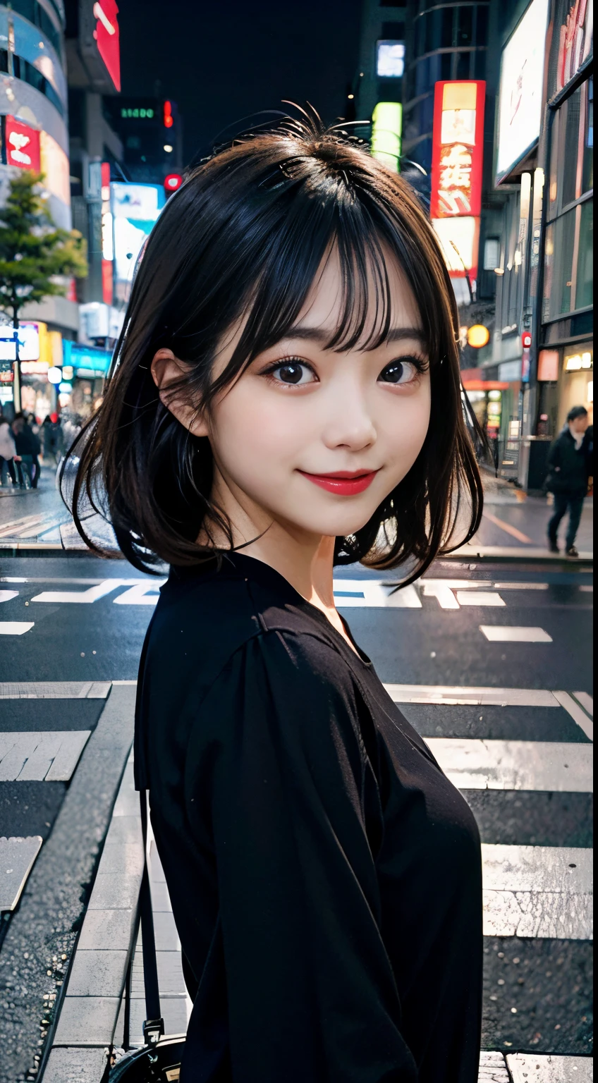 1人、on tokyo street、natta、A city scape、city light、The upper part of the body、a closeup、A smile、、(8K、Raw photography、top-quality、masterpiece:1.2)、 A smile,(realisitic、photoRealstic:1.37)、