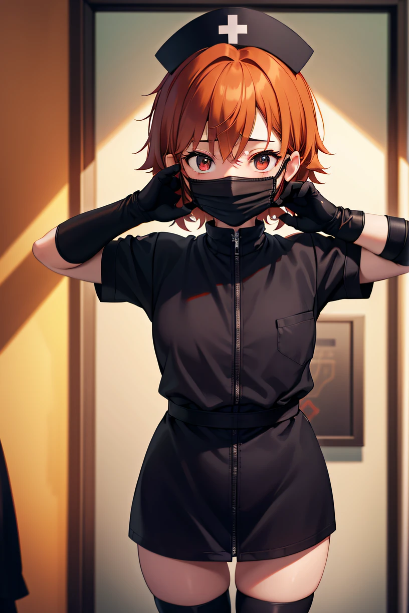 black nurse, 1girl, solo, black nurse cap, black wear, ((black legwear, zettai ryouiki)), black elbow gloves, very short hair, orange hair, ((black surgical mask, covered nose)), standing, ((surgery room)), sharp outline, short sleeves, tomboy, boyish, best quality, masterpiece