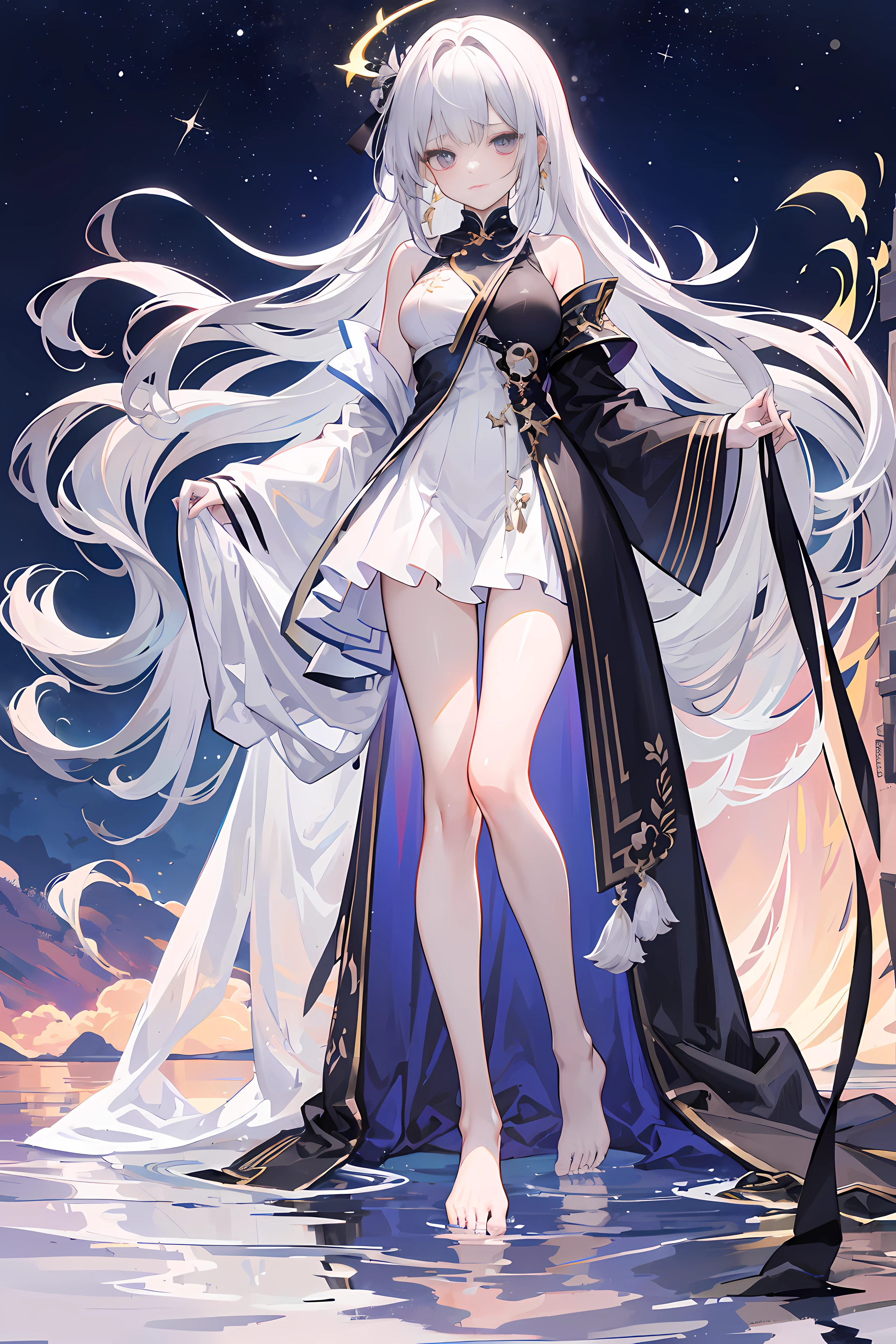 Lilac gradient hair,Asymmetrical hair,((Hair is very thick 1.8,Hair is well-defined1.6)), Hair over the shoulder, messy hair, Very long hair, shinny hair,(Long gray hair:1.2),A beautyful girl,(Luxurious Platinum Mini Lolita,Made of transparent material),(Transparent clothes transparent 1.8),perfect body figure,high and high,slenderness,(looking sad,Haggard complexion、pale nipples ,grieves,close your mouth:1.2) Against the backdrop of an unusually bright dark starry sky,(Place your hands behind your back),(Round, medium large, firm breast),The barefoot,afloat,waterface,(long leges,long leges,long leges,Perfect leg shape),fully body photo。