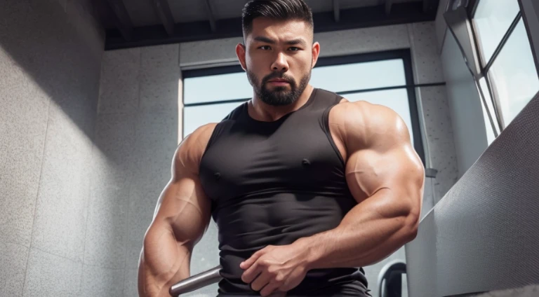 (Very detailed 8k wallpaper), Strong Asian Men, At the gym, high detailing, buzzcut, very large and strong body, bulging muscles, well-muscled, very large pectoral muscles. Very sexy abs, legs are muscular, Toned figure, lightens oily skin, muscular, Tank top, T-shirt, longshot, Wide Shot