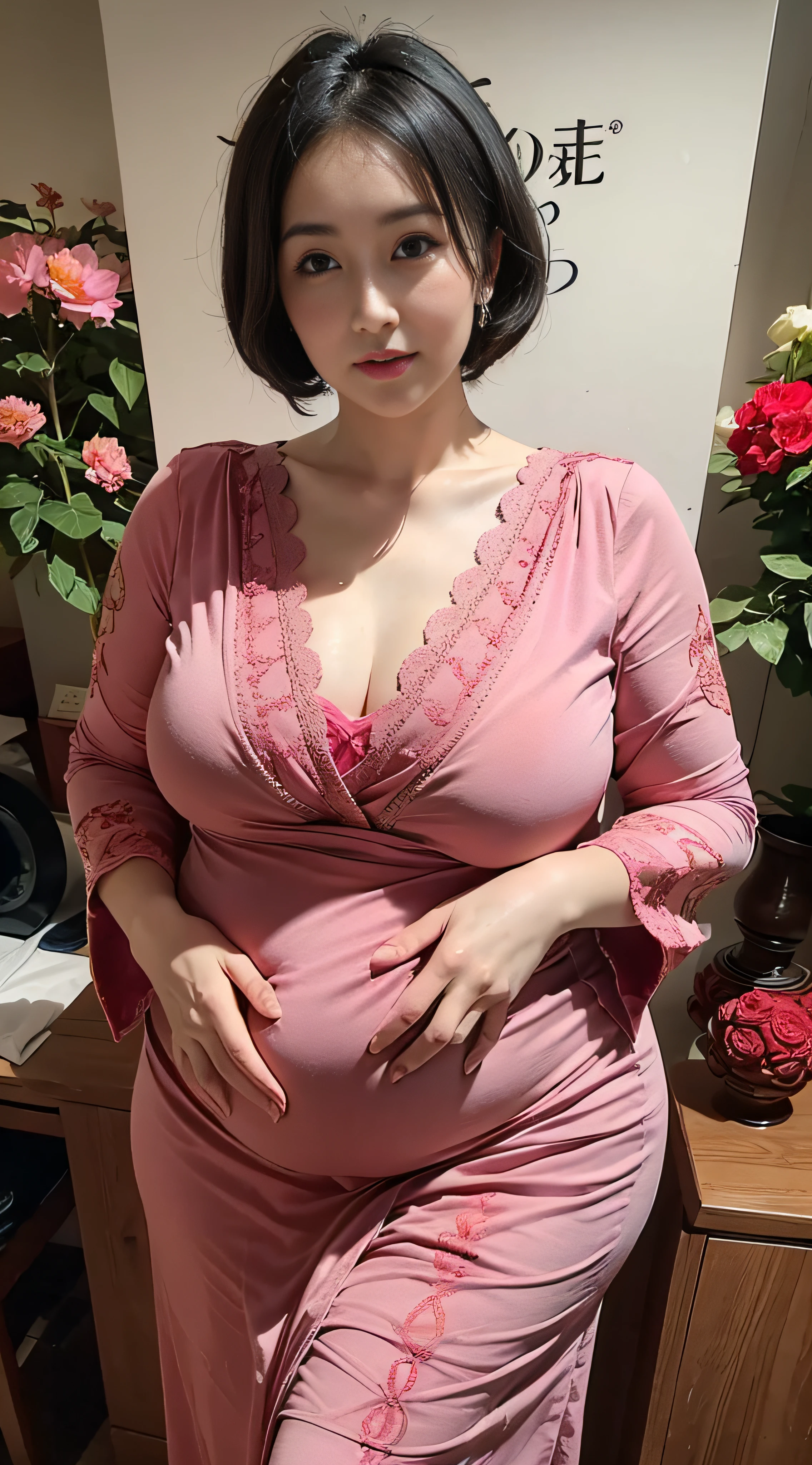 Pregnant women、(Front Focus),(in the darkness nigth:1.6),Surrealist portrait of a young married woman by David Hockney and Alphonse Mucha,((Upper body naked))、(((Japan Female, 45 yers old)))、(((A sexy mature girl)))、queen、(Sexy Married Woman)、( Exposed)、((Royal Garden)),Fantasyart,((Black Hair Bob Hair))、((sexy dress))、photographrealistic,动态照明,art stations,poster for,Volumetriclighting,extra detailed face,4 k'',((Colossal tits))、Beautifully embroidered award-winning light pink sexy dress,With diamonds,Sexy thighs,Decorated with fine embroidered dress costumes and fine jewelry,exposing the abdomen ,Chest 1 Girl, In the Dark, deepshadow, low tune, Cowboy Shot,(official clothing:1.4), The eyes are confused and seductive,legs separated、Big breasts that are about to spill out of a bra、My bra is about to tear、Pregnant women、