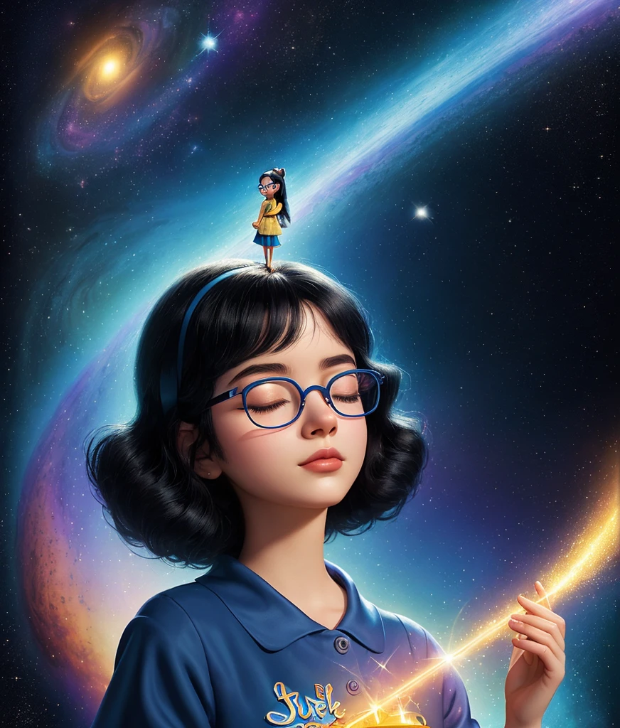 proffesional super good quality Disney Pixar poster with the words "SABRINA" a girl with black hair wearing glasses and neat clothes closing her eyes meditating in peacefully, galactic backgound, colorfull blue aura, 3D Animation, golden sparkling light