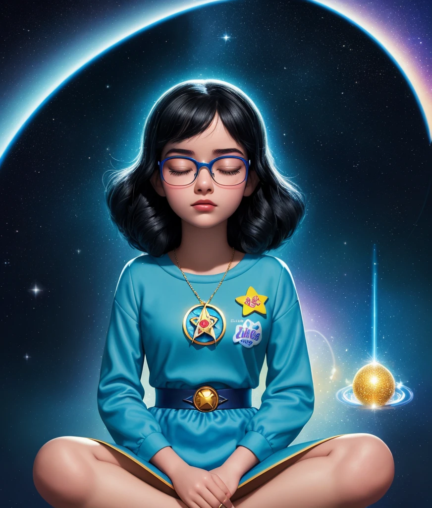proffesional super good quality Disney Pixar poster with the words "SABRINA" a girl with black hair wearing glasses and neat clothes closing her eyes meditating in peacefully, galactic backgound, colorfull blue aura, 3D Animation, golden sparkling light