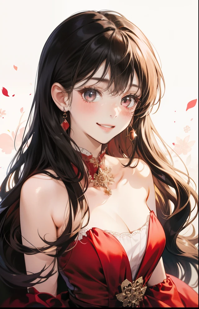 girl with、Background white、without background、A dark-haired、The long-haired、Contrasting bangs、A flashy red dress with an open neckline、kirakira、with blush cheeks、Smiling、kawaii、without background