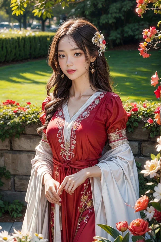 Wearing a bright red dress,Bring out her fair complexion, Standing gracefully in front of a flowery garden,facing at camera, Double exposure effect creates an ethereal atmosphere,bathed in the warm glow of the sun. The garden was full of colorful flowers, Including roses, tulips, and daisies, Create a picturesque background. girl surrounded by breeze, Let her hair flow gracefully. As she gazes into the distance,Her eyes are full of curiosity and innocence, hinting at her charming smile, There's a story behind this. Portraits are created with oil paints, Give it a rich and timeless feeling. vibrant with colors、with dynamism, Focus on warm colors,Create a feeling of warmth and well-being. The lighting is soft and natural, Gives girls a soft glow;s face, exquisite detailing,Enhance her facial features,Create a sense of depth. The overall quality of the artwork is of the highest standard, Every stroke reveals the artist's style'of talent;Talents;Skills and attention to detail. The degree of reality is shocking, Bring your portrait to life, Evoke a connection with the audience. This masterpiece captures the beauty and essence of the girl, provides a timeless and captivating manifestation of her existence.