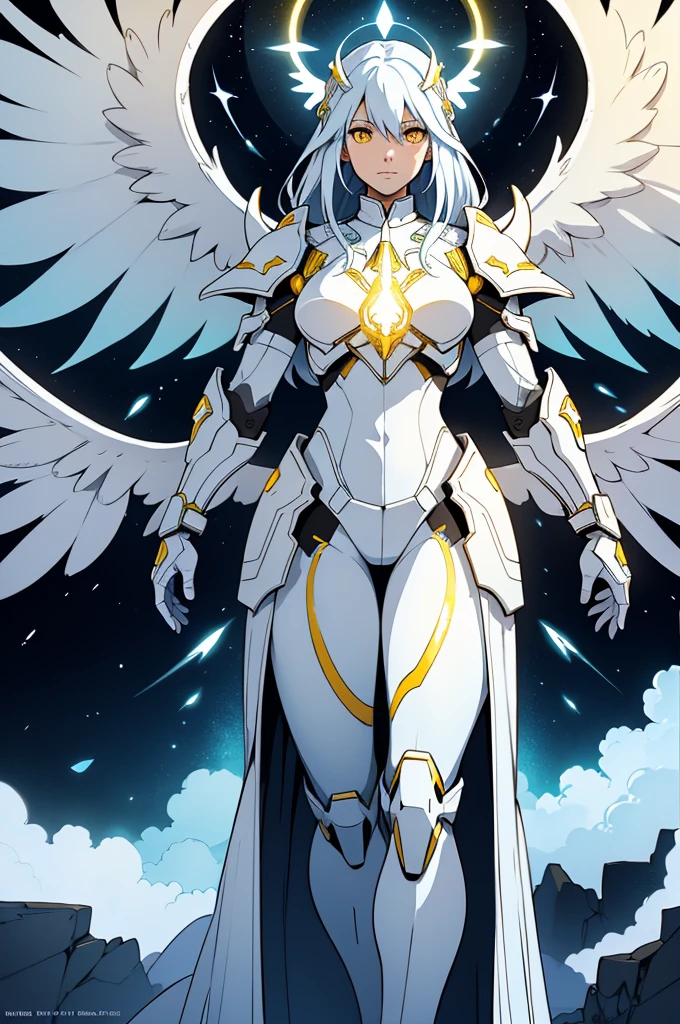 The prompt for Stable Diffusion:
"God of Light, no human, yellow line, white wings, white armor, glowing eyes, digital art, ultra-detailed, vivid colors, ethereal atmosphere, Celestial beings