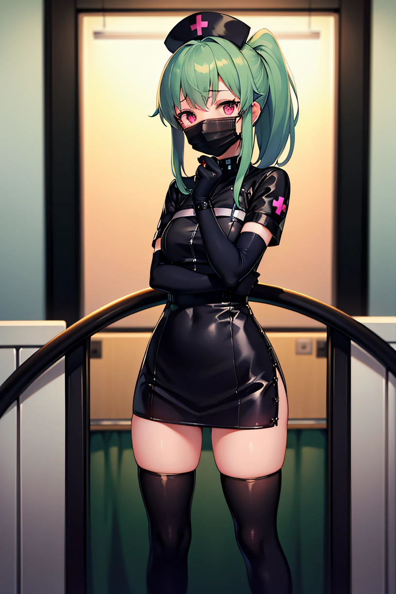 black nurse, 1girl, solo, black nurse cap, black wear, ((black legwear, zettai ryouiki)), black elbow gloves, ponytail, green hair, pink eyes, ((black surgical mask, covered nose)), standing, ((surgery room)), sharp outline, short sleeves, best quality, masterpiece