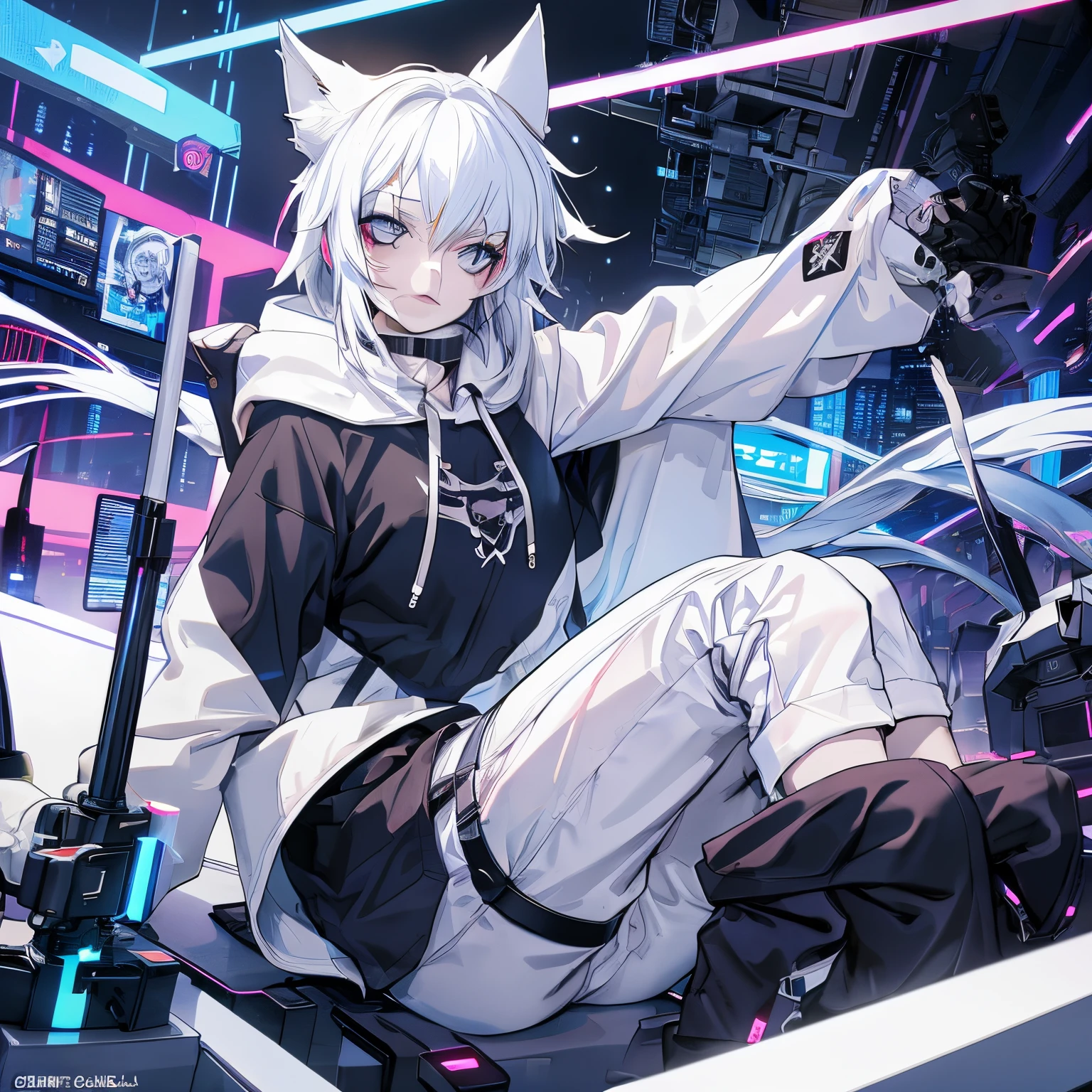 Game CG，8K quality，((young boy))，1 boy，Youthful feeling，Anime male protagonist，wolf ears，12 years old，Pain and despair，Locomotive goggles，Pure white skin，white hair，White and blue racing（tight）One-piece Pants，The crotch is bigger，White fingerless gloves，White racing boots，full body portrait，muscle，Defeated，gave in，damaged clothes，car damage，sit on the floor，is powerless，There are scars on the face，Car crashed，The scene of the car accident，and there is blood on the corners of your mouth，Fear，sad