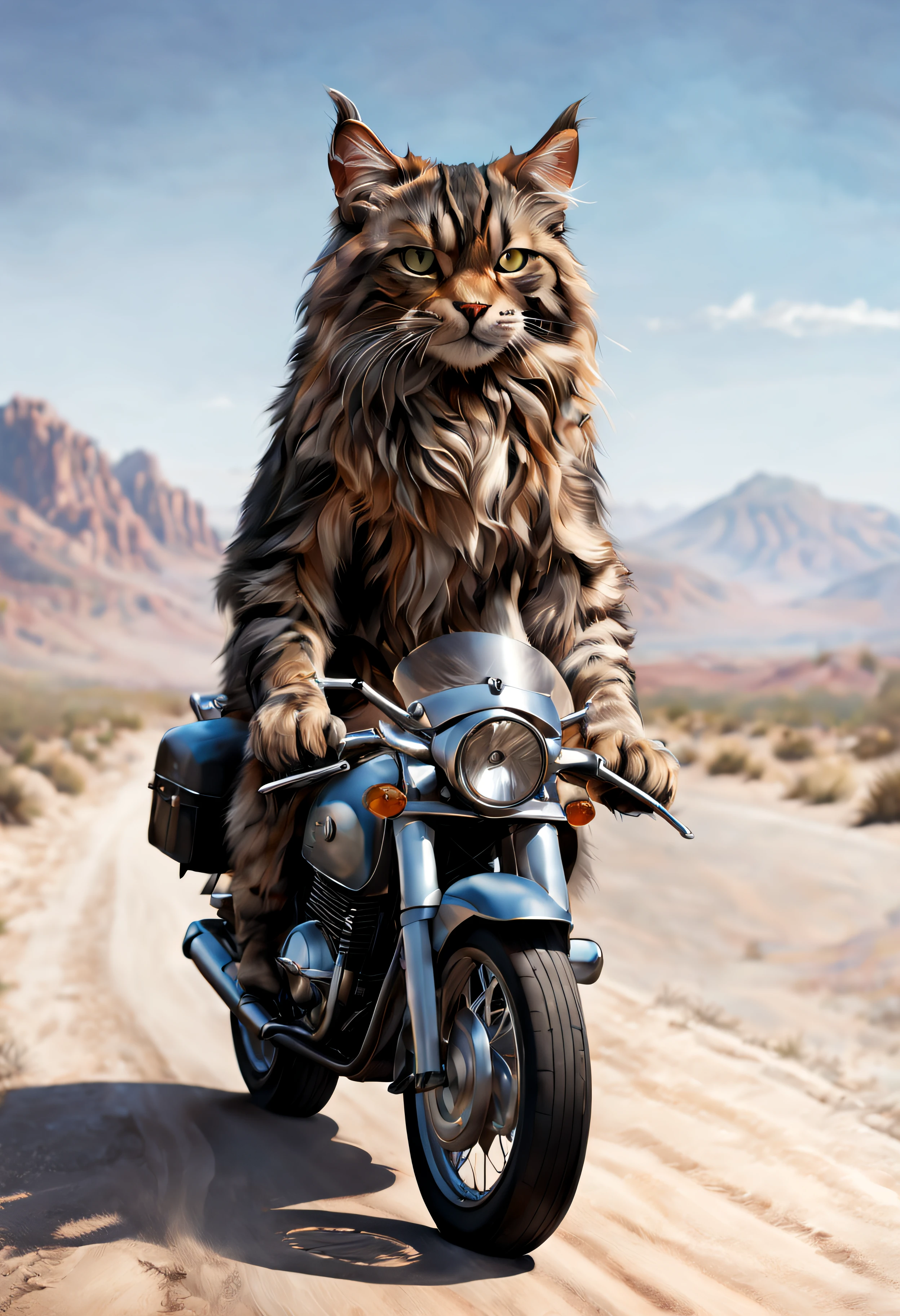 (main coon cat:1.1, realistic:1.37), (desert:1.1, warm tones:0.9), (motorcycle:1.2, vintage), (dusty road, sunny day), detailed fur, furry paws, sleek motorcycle design, open road, rugged desert landscape, sandy dunes, distant mountains, clear blue sky, dynamic pose, windblown fur, adventurer spirit.