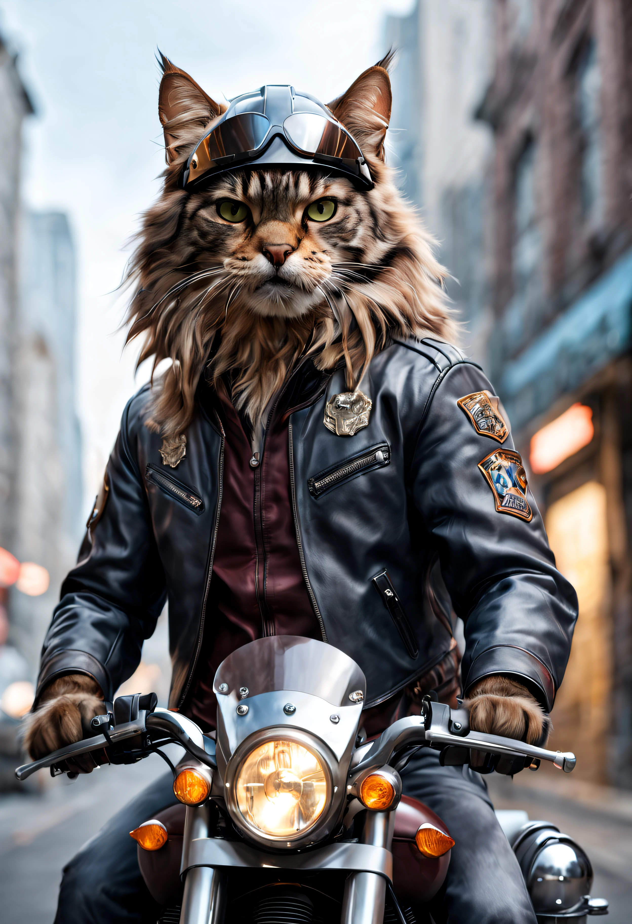 (best quality,highres,masterpiece:1.2),ultra-detailed,photorealistic,portrait of a main coon cat on a motorcycle, with a motorcycle helmet and a motorcycle jacket, vibrant colors, dramatic lighting, roaring engine sound, speed and motion, urban cityscape background, adventurous vibe