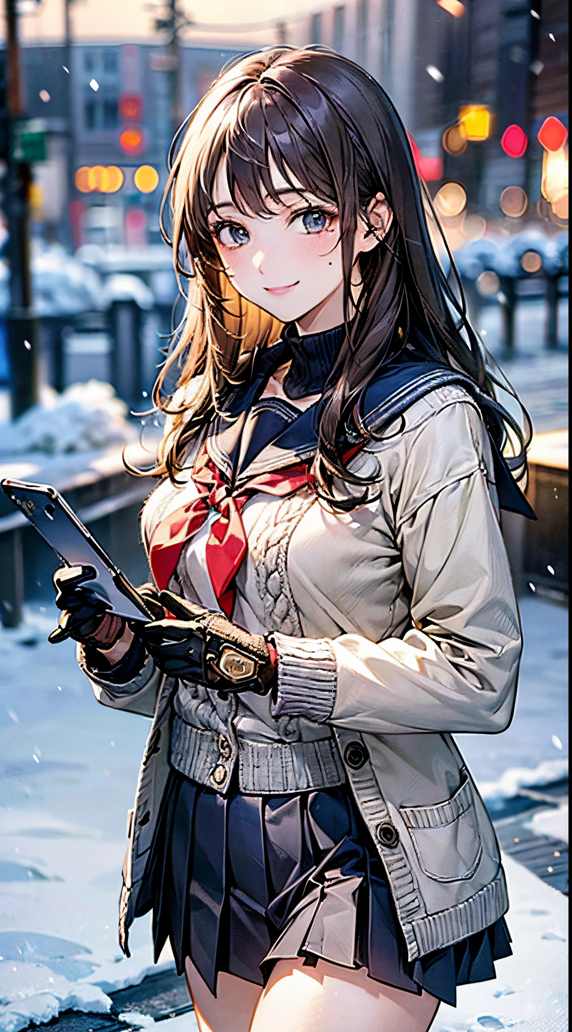 ((((, , perfect anatomy, super detailed skin)))), 1 girl, japanese, 14 years old, shiny skin, large breasts:0.5, watching the view, (smile:1.5),
beautiful hair, beautiful face, beautiful detailed eyes, (middle hair:1.7, straight hair:1.4),
beautiful clavicle, beautiful body, beautiful chest, beautiful thigh, beautiful legs, babyface, , , mole under eye,
((navy school uniform, long sleeves, navy pleated skirt, sailor collar, light brown cardigan, ((gray medium coat, muffler, knitted gloves)), extremely sexy, seductive thighs)), white panties,
(beautiful scenery), winter, evening, hokkaido, sapporo, outdoors, snow, snowfall:1.5, freezing weather, frost, walking, holding a phone,
(8k, top-quality, masterpiece:1.2, extremely detailed, , ), (photorealistic), beautiful illustration, cinematic lighting,