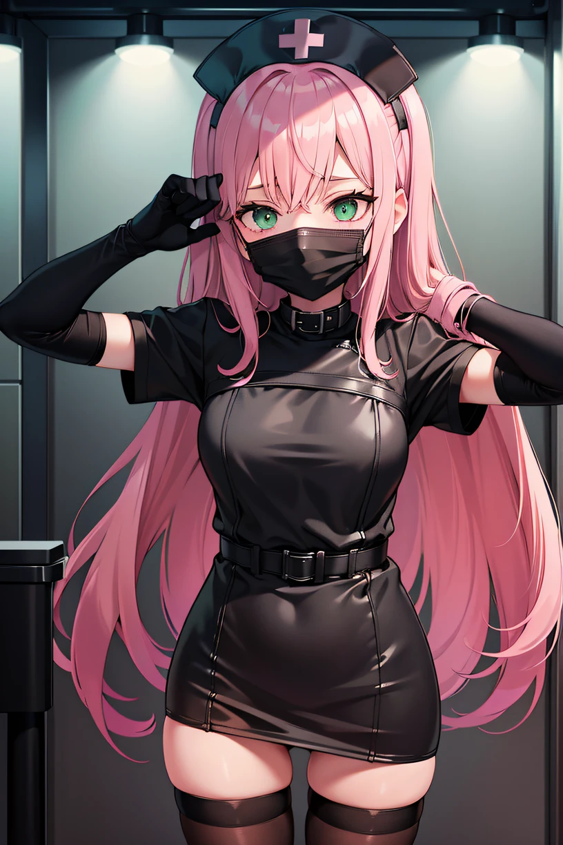 black nurse, 1girl, solo, black nurse cap, black wear, ((black legwear, zettai ryouiki)), black elbow gloves, pink hair, green eyes, drooping eyes, ((black surgical mask, covered nose)), standing, ((surgery room)), sharp outline, short sleeves, best quality, masterpiece