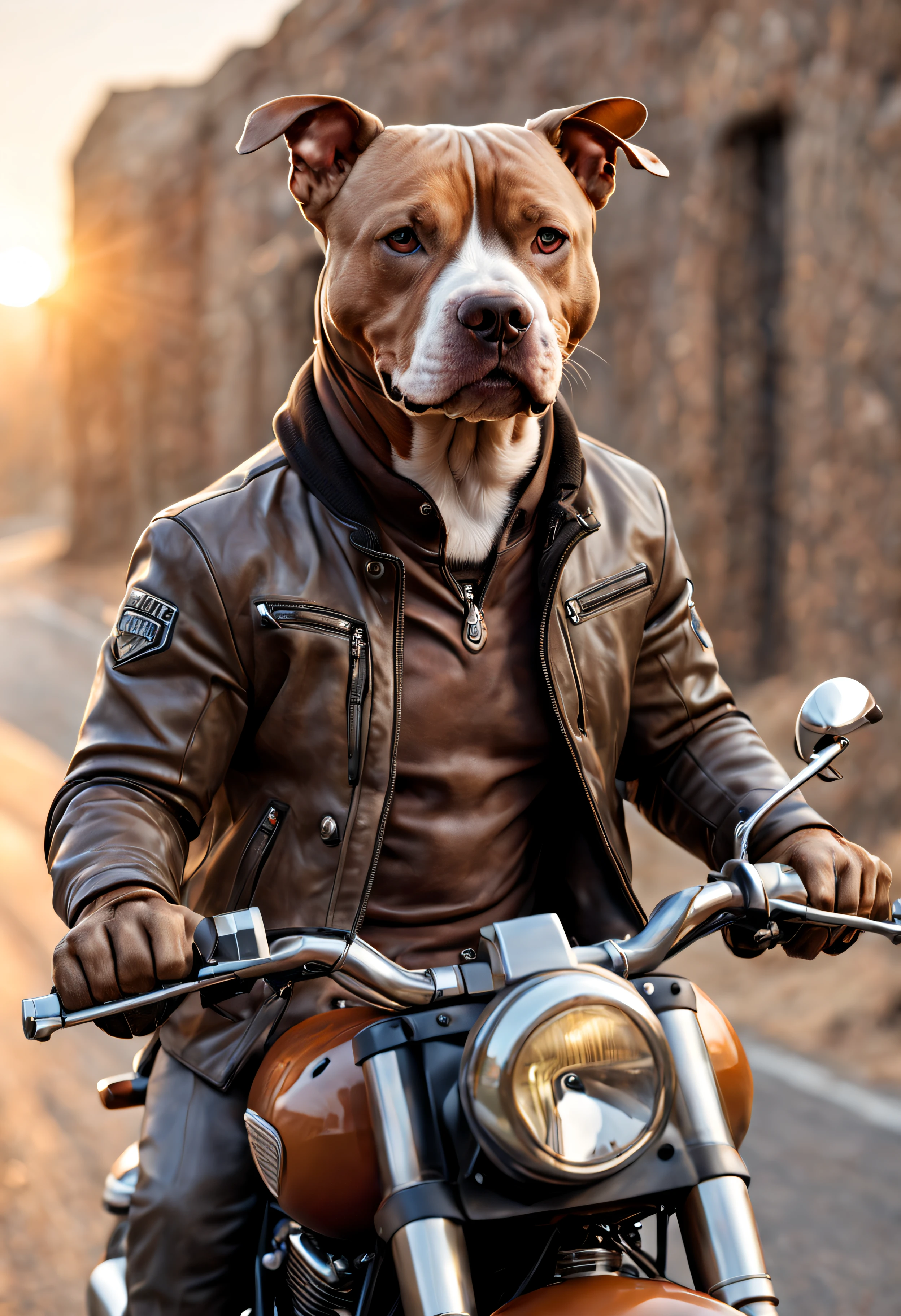 (a pitbull dog:1.1),(riding a motorcycle:1.1),(american desert:1.1),with helmet,with jacket,(best quality,4k,8k,highres,masterpiece:1.2),ultra-detailed,(realistic,photorealistic,photo-realistic:1.37),portrait,autumn color palette,warm sunset light