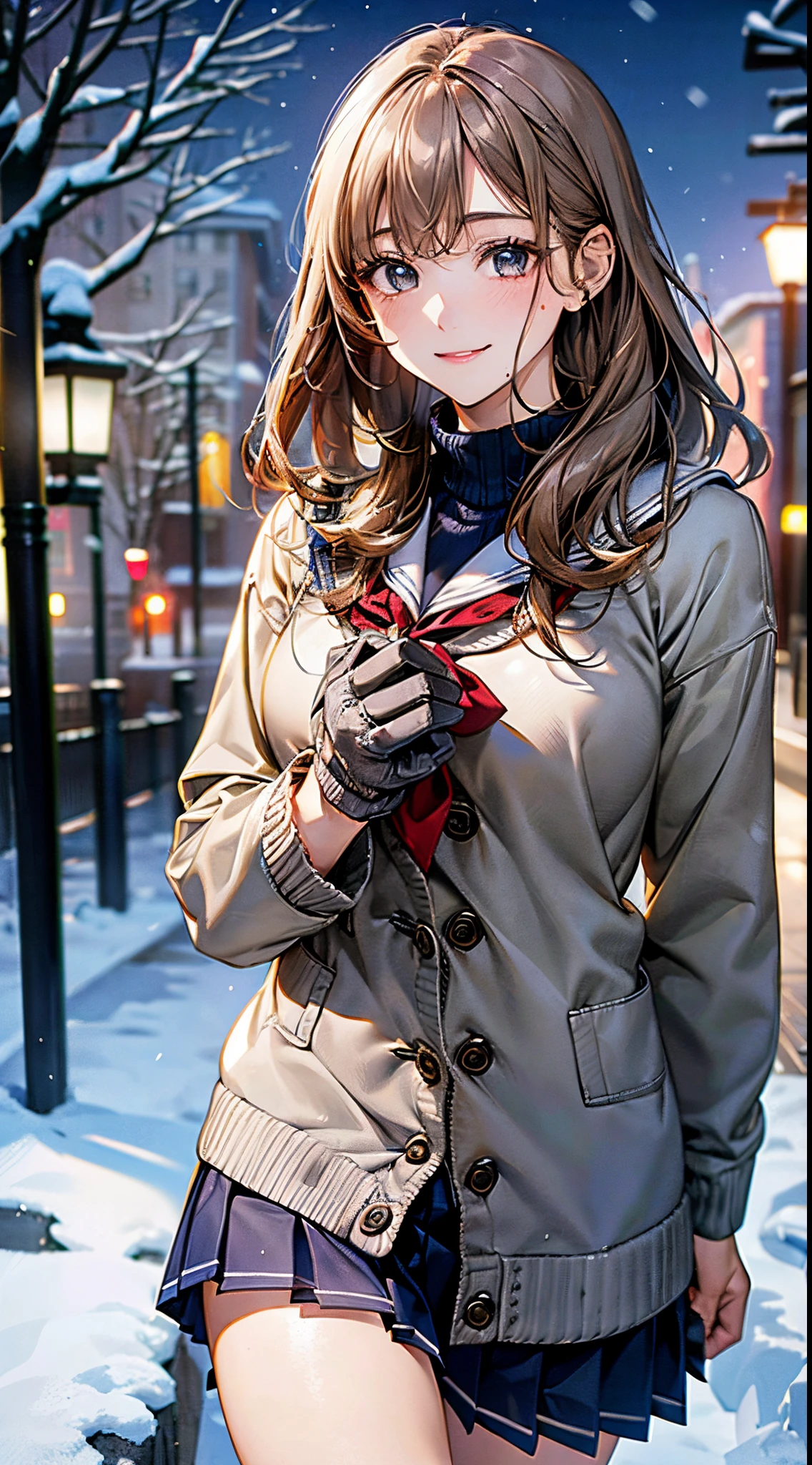 ((((, , perfect anatomy, super detailed skin)))), 1 girl, japanese, 14 years old, shiny skin, large breasts:0.5, watching the view, (smile:1.5), 
beautiful hair, beautiful face, beautiful detailed eyes, (middle hair:1.7, straight hair:1.4), 
beautiful clavicle, beautiful body, beautiful chest, beautiful thigh, beautiful legs, babyface, , , mole under eye, 
((navy school uniform, long sleeves, navy pleated skirt, sailor collar, light brown cardigan, ((gray medium coat, muffler, knitted gloves)), extremely sexy, seductive thighs)), white panties, 
(beautiful scenery), winter, evening, hokkaido, sapporo, outdoors, snow, snowfall:1.5, freezing weather, frost, walking, holding a phone, 
(8k, top-quality, masterpiece​:1.2, extremely detailed, , ), (photorealistic), beautiful illustration, cinematic lighting,
