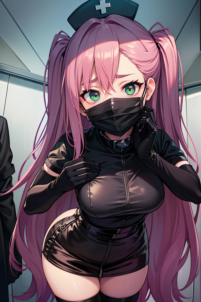 black nurse, 1girl, solo, black nurse cap, black wear, ((black legwear, zettai ryouiki)), black elbow gloves, pink hair, green eyes, drooping eyes, ((black surgical mask, covered nose)), standing, ((surgery room)), sharp outline, short sleeves, best quality, masterpiece