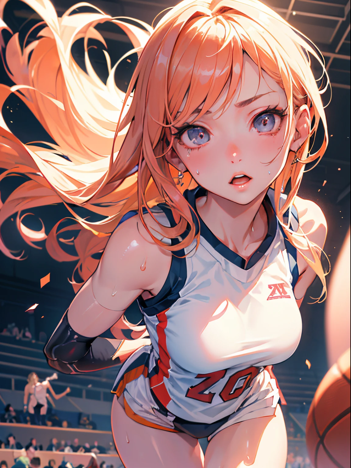 Best Quality, masutepiece, High resolution, (Anime Heroine Illustration), Anime Paint, 1beautiful girl ,Dynamic Angle,Female basketball player ,small head,Large breasts,Smart body,nice legs, Glowing skin, Sweat,At the basketball venue ,(Detailed beautiful face:1.4),detailed skins,Detailed eyes,detailed hairs,Detailed beautiful legs,