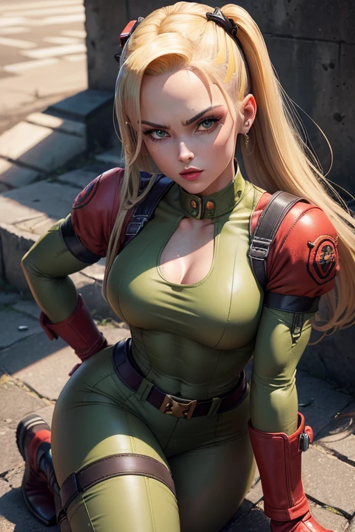 ((Cammy from street fighter series))(she has big glowing eyes)(bright red lips) (very long blonde two braids hairstyle) (dark eyeshadows make up)((big breasts)) (perfect slim body) (wears dark green leotard, red gauntlets, red beret, black military boots) (posing inside military base) (high definition, volumetric lights and dinamic shadows)((masterpiece))(8k)(perfect face)(ultra details) (perfect hands, eyes, and face)