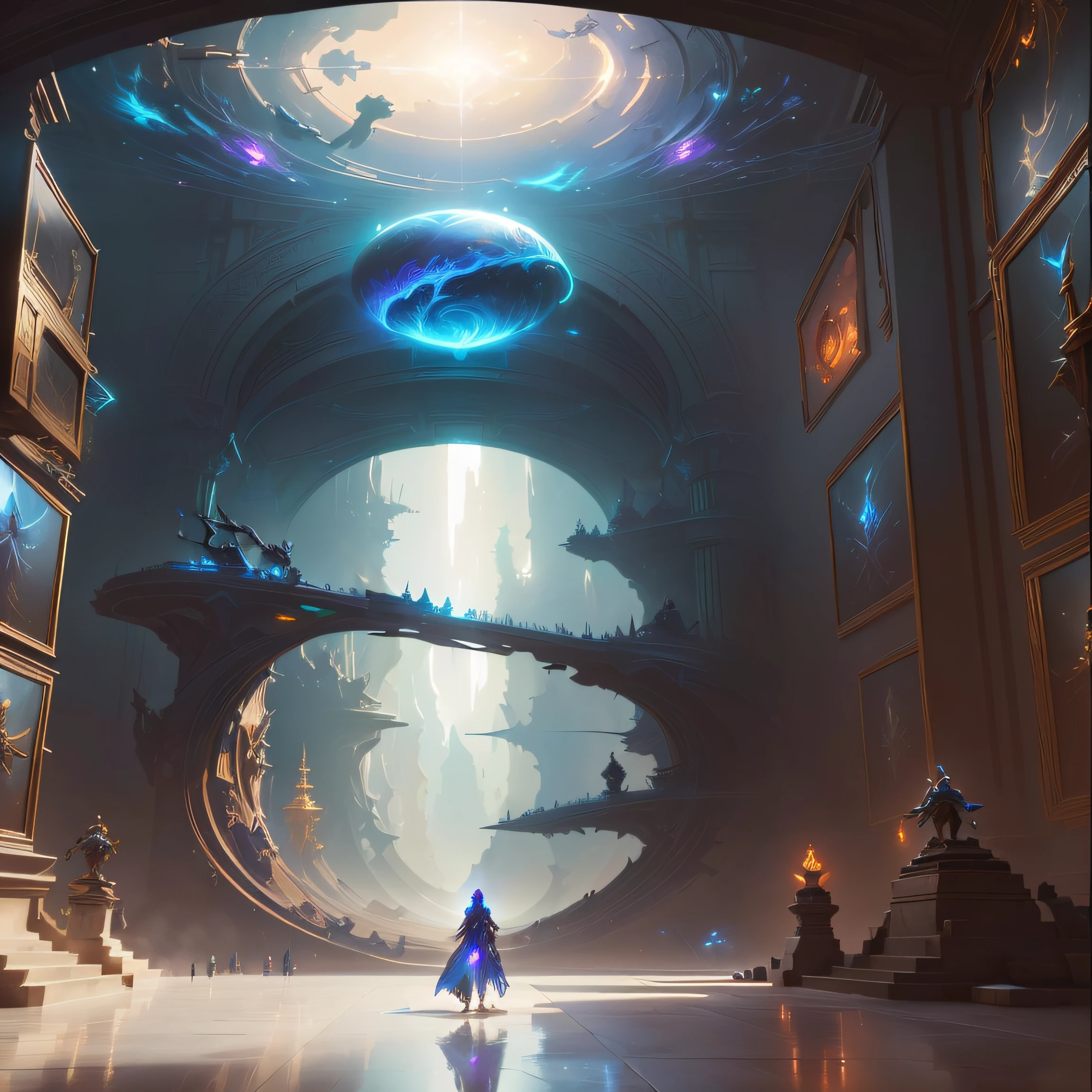 There is a woman standing in a room with a giant object, Arte conceptual Ambiente impresionante, mystical sci-fi concept art, Arte conceptual surrealista, jessica rossier fantasy art, epic fantasy sci fi illustration, Bordes ornamentados + Arte conceptual, dramatic concept art, Arte conceptual de Riot Games, epic scifi fantasy art, Arte conceptual de League of Legends, science fantasy painting
