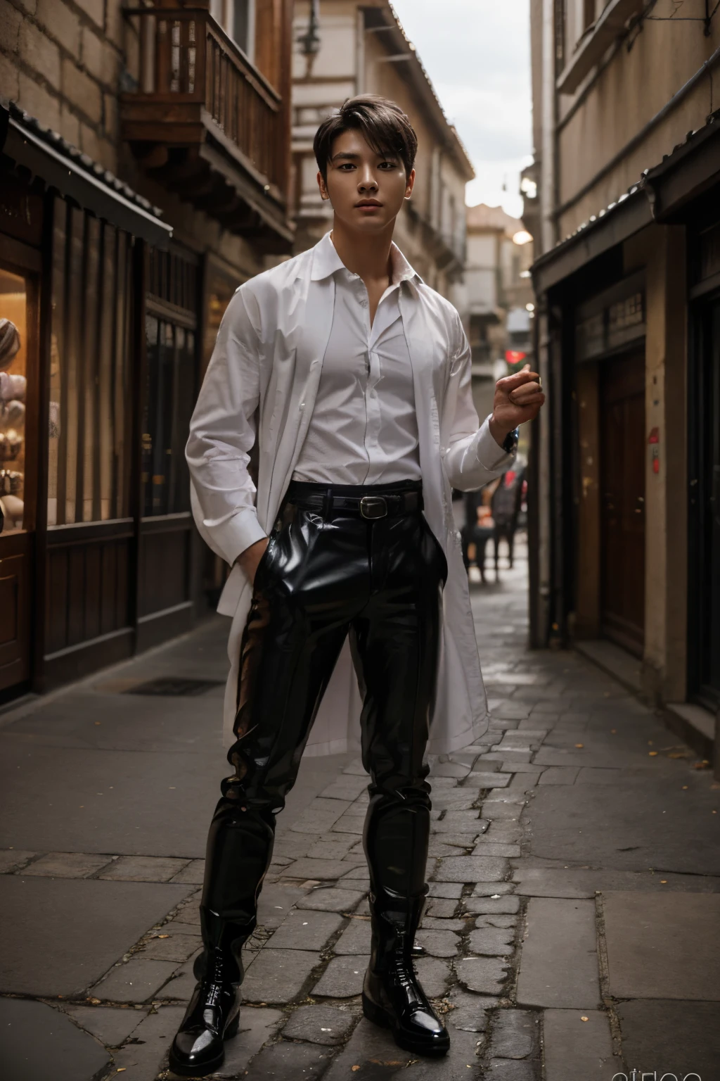 Realism, master-piece, intricate detailed, detailed background, deep depth of field, muscular, Photograph of a handsome young man (A young Korean man who looks like a K-pop idol), 20yo, rubber collar shirt, Shiny latex, Combat stances, Dynamic Poses, Andante, Spanish, Full-length portraits, Black Boots, Hold a bow., There is an arrow on the back., On the streets of the medieval city, (short white hair), It has a touch of mystery and magic., Dark clouds, and lightning fell to the ground. Pao complains, Fair-skinned, pale,