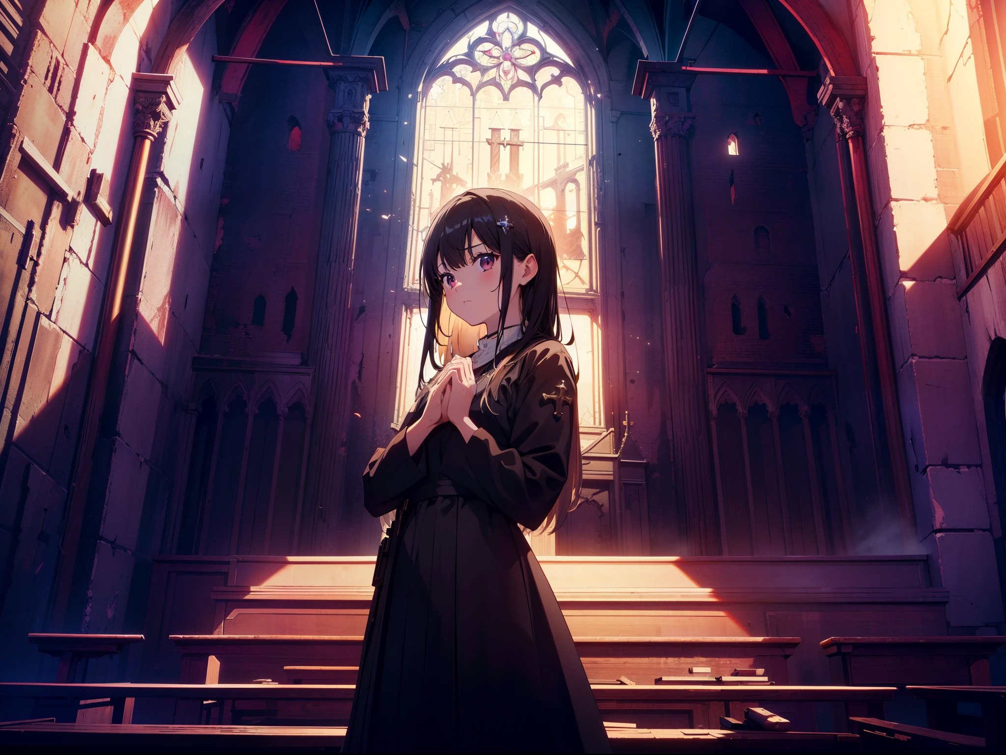 1 pastor girl, praying ,cowboy shot, character focus, (close to viewer) , from below, cinematic lighting, (in ruined church) ,night, horror, high resolution,(incredibly absurdres) ,extremely detailed CG unity 8k wallpaper, ((masterpiece)), ((top-quality)), (beautiful illustration,background Tento), ((an extremely delicate and beautiful))