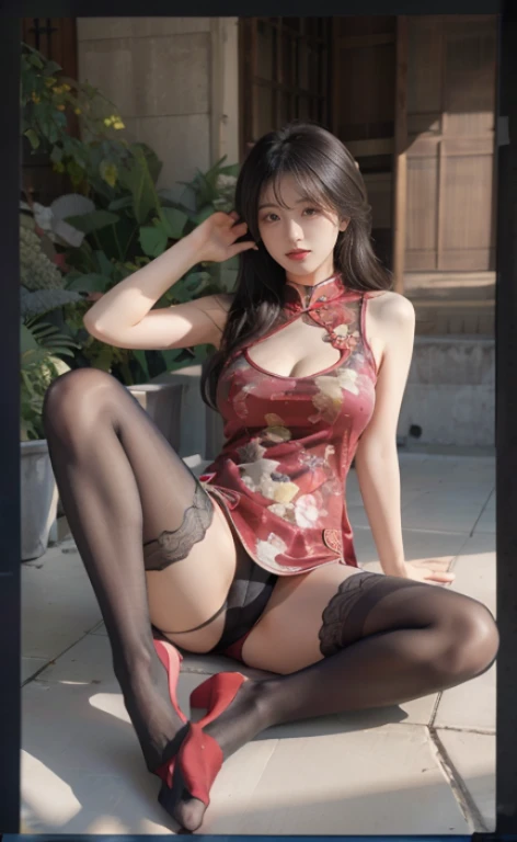 Red Chinese style cheongsam,100D black hip socks,black lence stockings,black pantyhoses,Thick black stockings,huge tit,Cocked buttocks,Super detail,hyper HD,A high resolution,1080p,Anatomically correct,ccurate,Physical coordination,Photo portrait,Delicatemakeup,slender thigh,Best quality, Masterpiece, 超A high resolution, RAW photo, Beautiful and aesthetic,deepshadow, (Photorealistic:1.4), full-body composition, Striking perspective