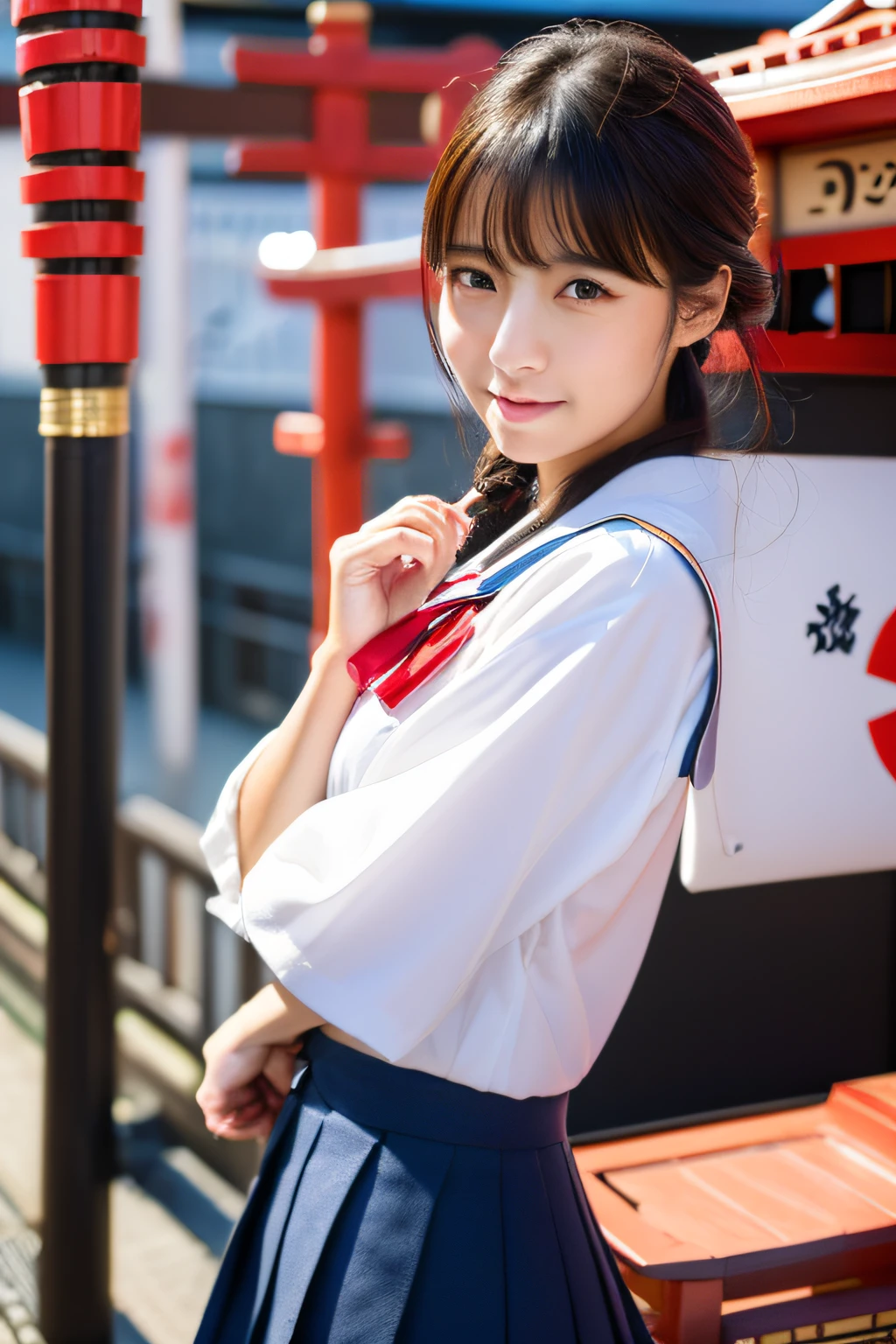 (masterpiece、high-level image quality、hightquality)、(Beautiful realistic Japan woman:1.5、Cool and cute:1.5)、red wharf、Japan High School Sailor Suit、Hold a machine gun、The edge of the crying cape、Idol actress、movie、