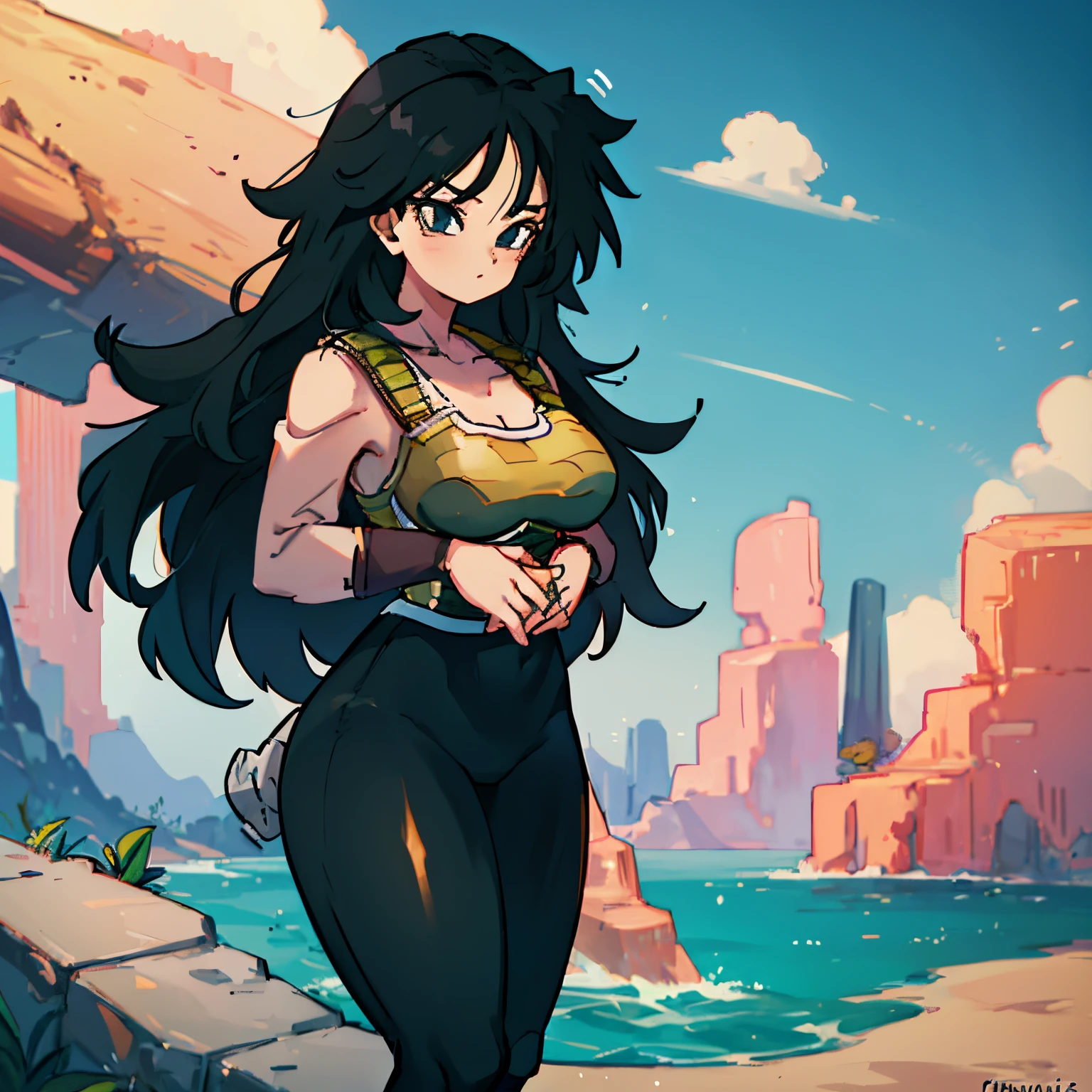 1girl, solo, Long black hair, wavy Saiyan tail, cleavage, curvy, standing with hands on hips, looking at viewer
