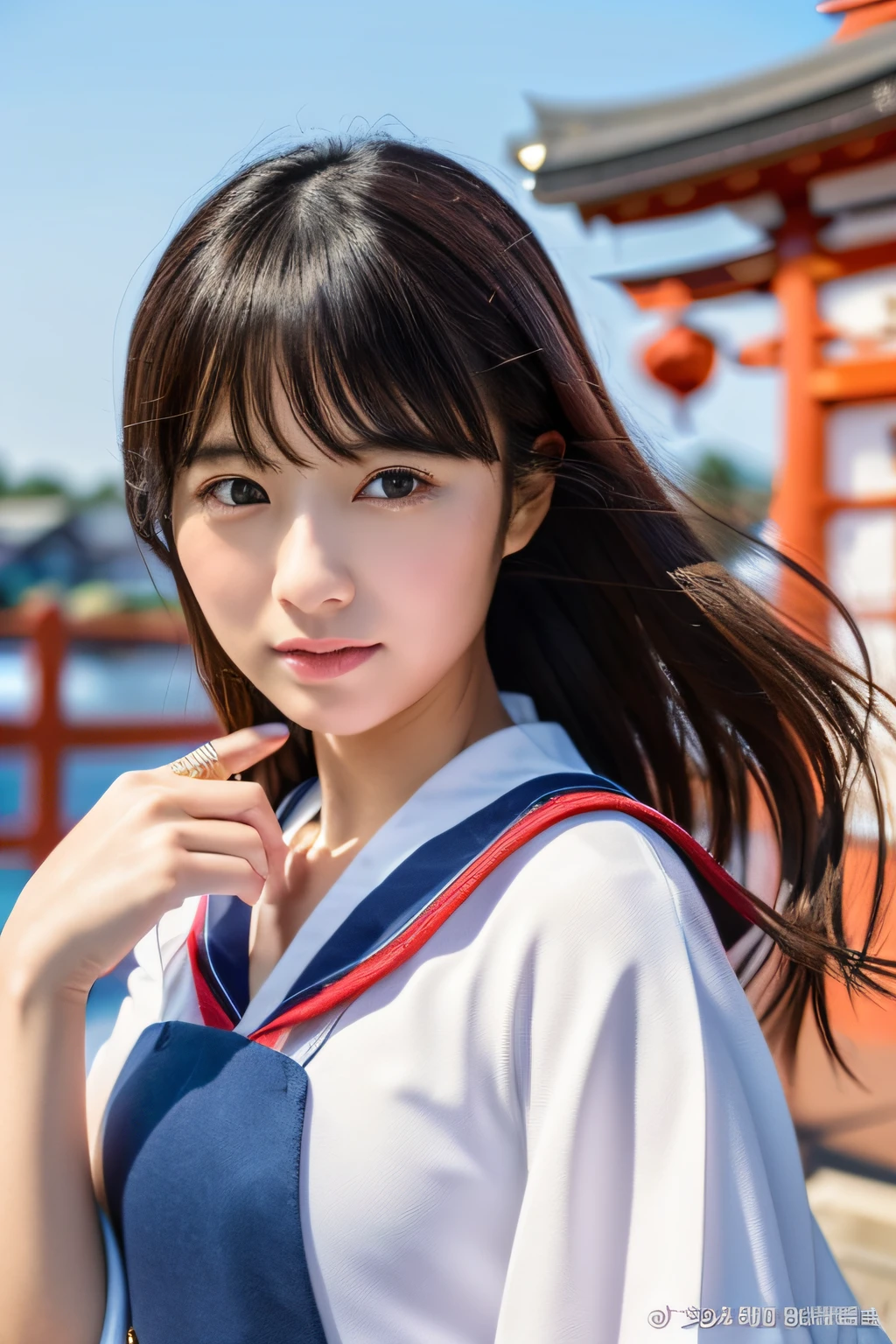 (masterpiece、high-level image quality、hightquality)、(Beautiful realistic Japan woman:1.5、Cool and cute:1.5)、red wharf、Japan High School Sailor Suit、Hold a machine gun、The edge of the crying cape、Idol actress、movie、