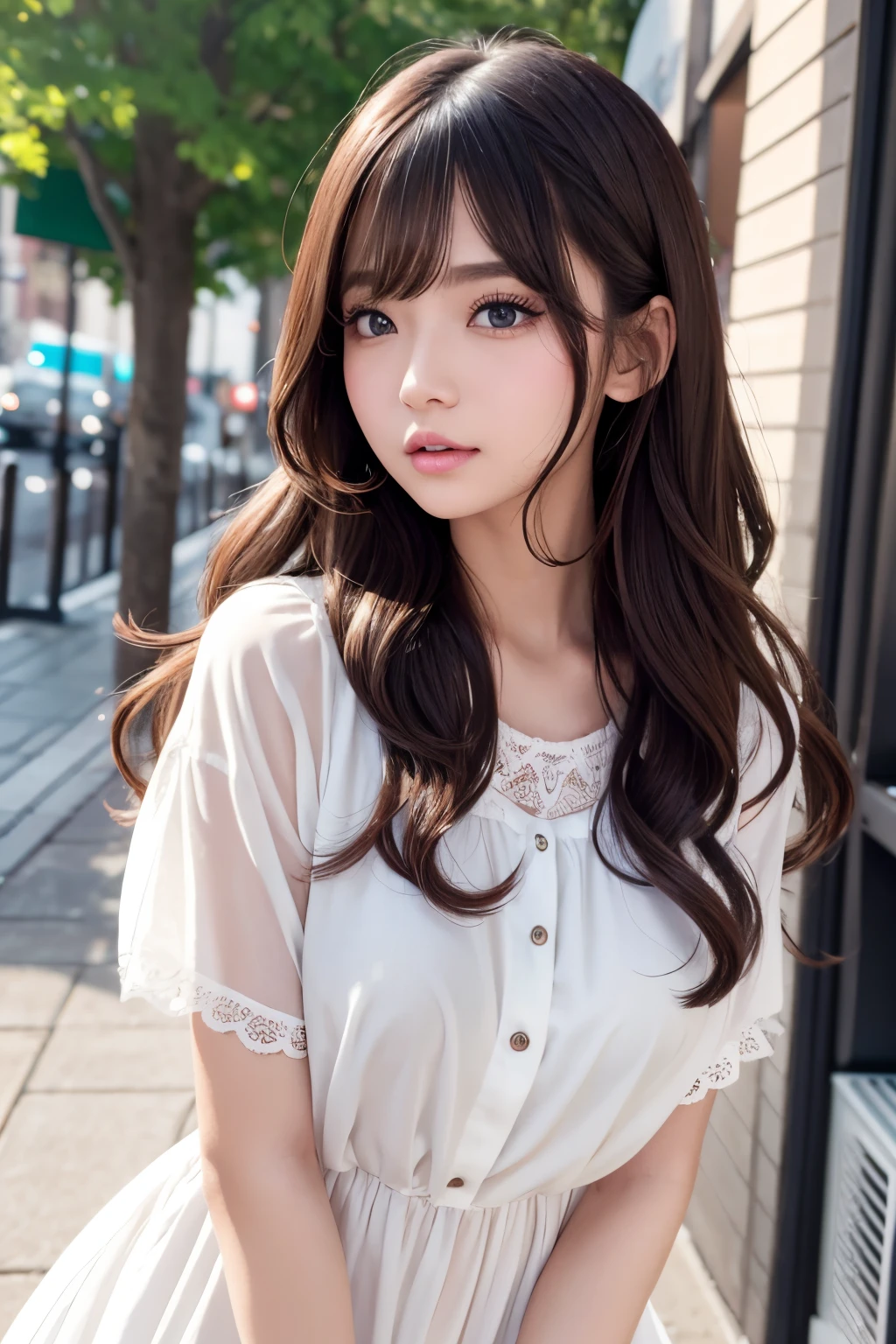 One girl walking in the city、mix、Full body image 、s lips、Opening Mouth、Outstanding style、Slim body、medium udder、realisitic、a picture_\(Curly\)、独奏、(masterpiece)、(Photorealsitic:1.3)、ultra-detailliert、(high detal)The skin:1.2)、(top-quality:1.0)、(超A high resolution:1.0)、(Orchan-6500:0.3)、Wavy detailed hair、length hair、rays of sunshine、(Beautiful detailed makeup)、(sexual excitement、red blush、Rough breathing:1.0) )、(soft glow bloom:0.5)