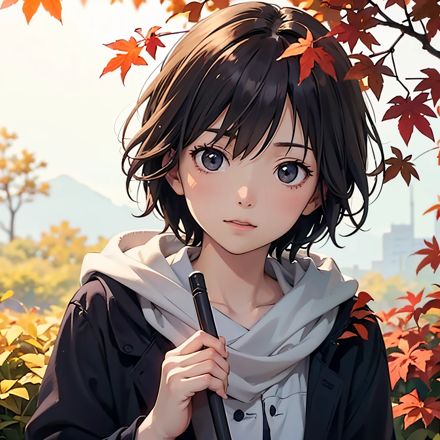 portrait of cute girl、Makoto Shinkai and Studio Ghibli、Boom、Sweeping leaves