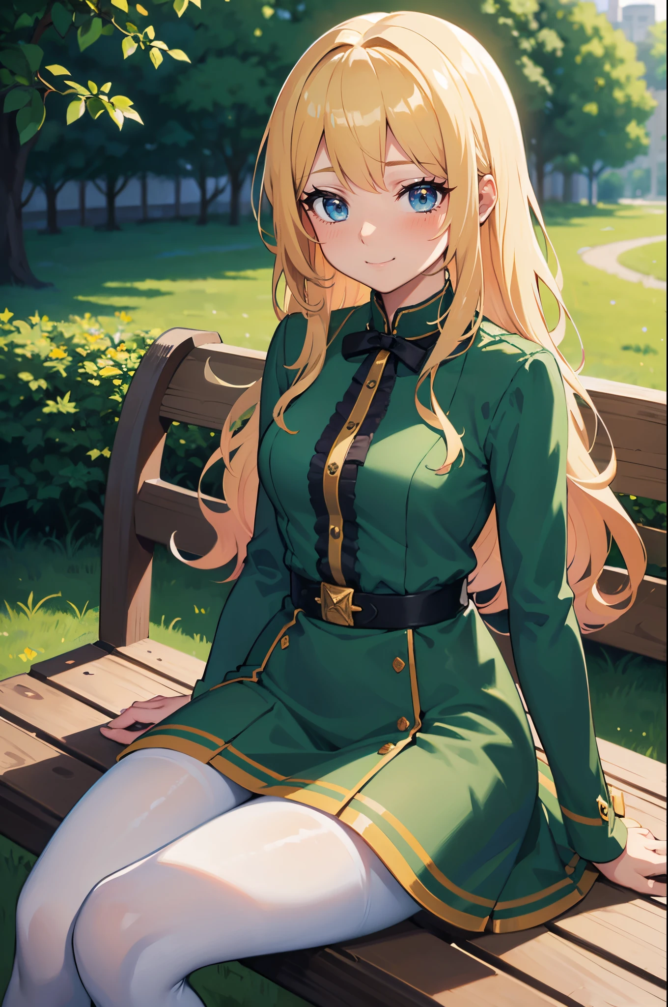 Safe for work, masterpiece, best quality, solo, 1 girl, wholesome girl, (young female body:1.4), ( medium breasts), cowboy shot, shy smile, flustered, yellow golden wavy hair, extra long blonde hair, hime cut, crystal blue eyes, very detailed eyes, good details, griffin style dress, , thight green dress, dark green dress, white pantyhose, outdoors, park bench, sitting, wxtra long hair