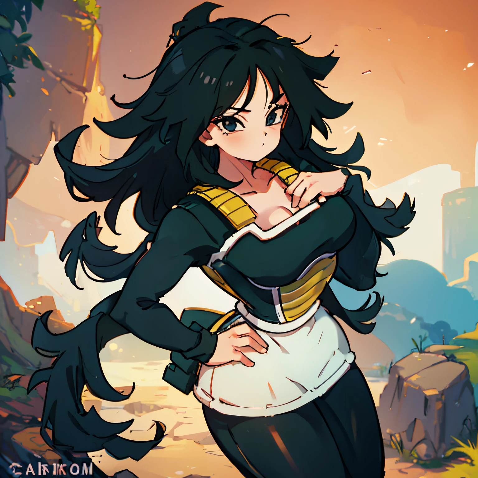 1girl, solo, Long black hair, wavy Saiyan tail, cleavage, curvy, standing with hands on hips, looking at viewer