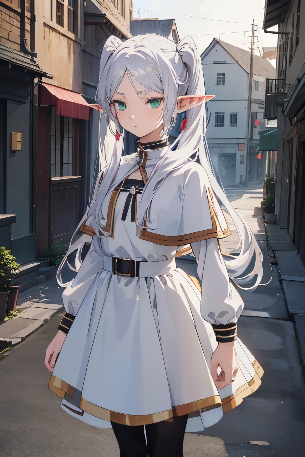 ((Frieren)), ((Masterpiece)), (Anime:1.5), (High Definition), (from front), (Professional Photography:1.2), (cinematic lighting), (child),1girl, solo, (flat body), (scornful look), standing on the rooftop, beautiful, elf, pointy ears, white hair, (long twintails), green eyes, white dress, (white cape), magic, ((dimly lit alley)), cityscape