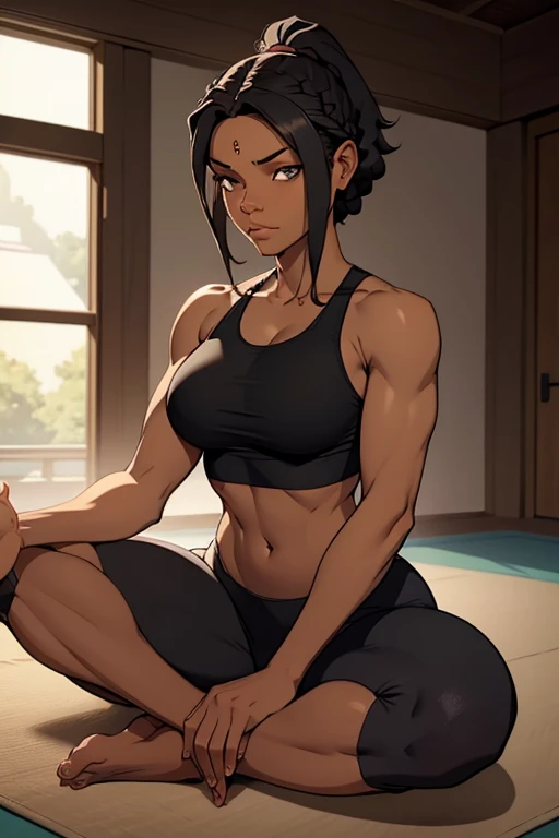 A beautiful blindfolded black woman with dark hair in cornrows, wearing a sportsbra and yogapants, barefoot, bare midriff, sitting in a lotos pose and meditating blindfolded, serene facial expression.